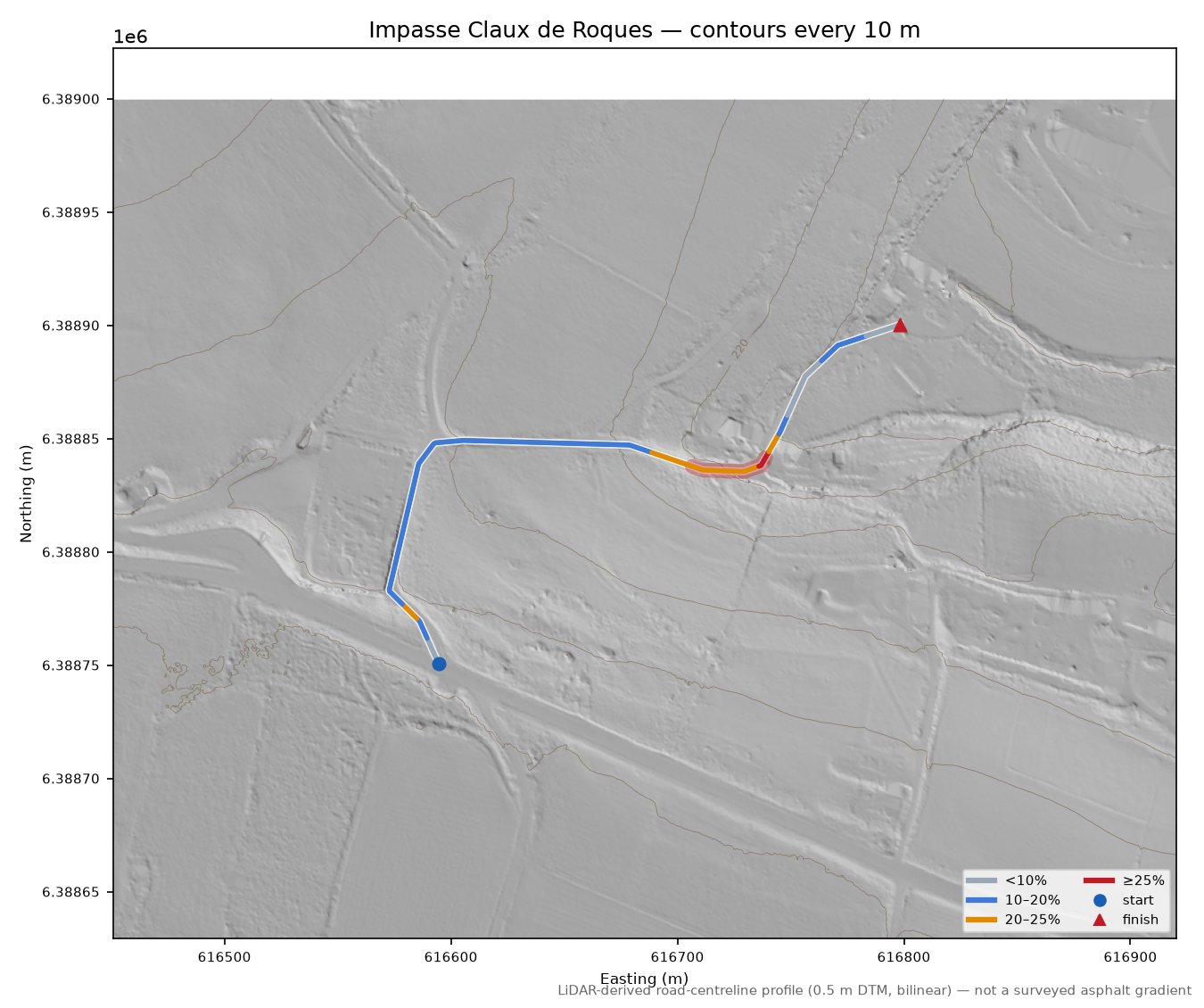 Impasse Claux de Roques LiDAR hillshade map with contours