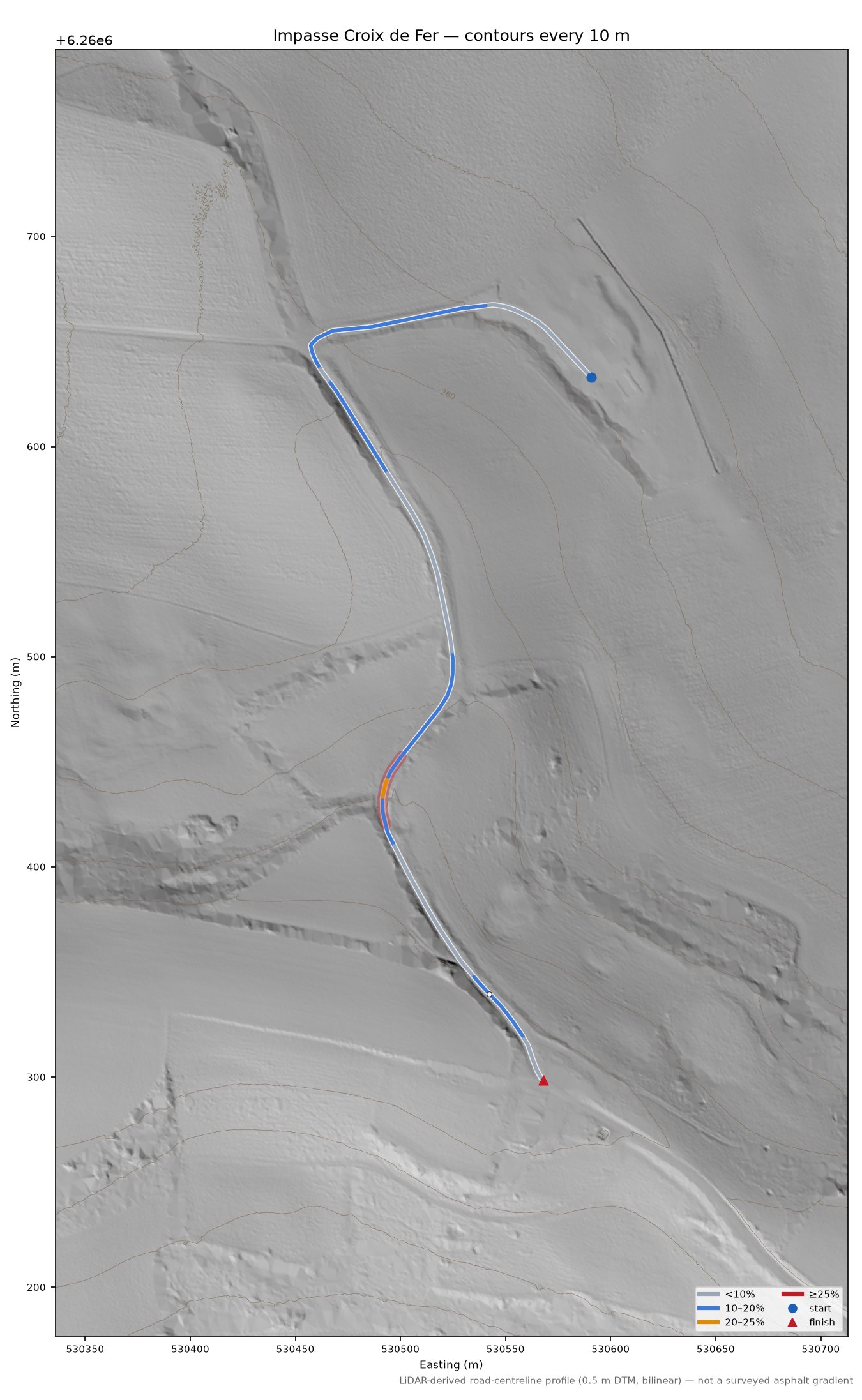 Impasse Croix de Fer LiDAR hillshade map with contours