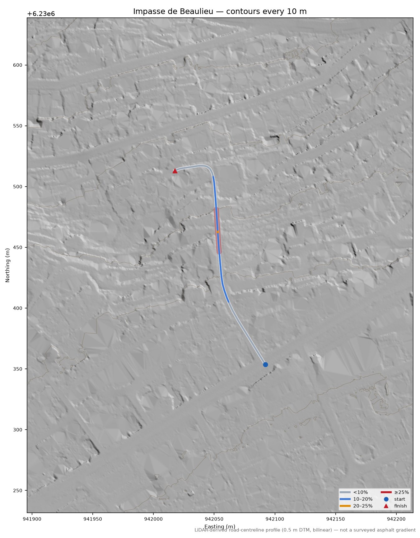 Impasse de Beaulieu LiDAR hillshade map with contours