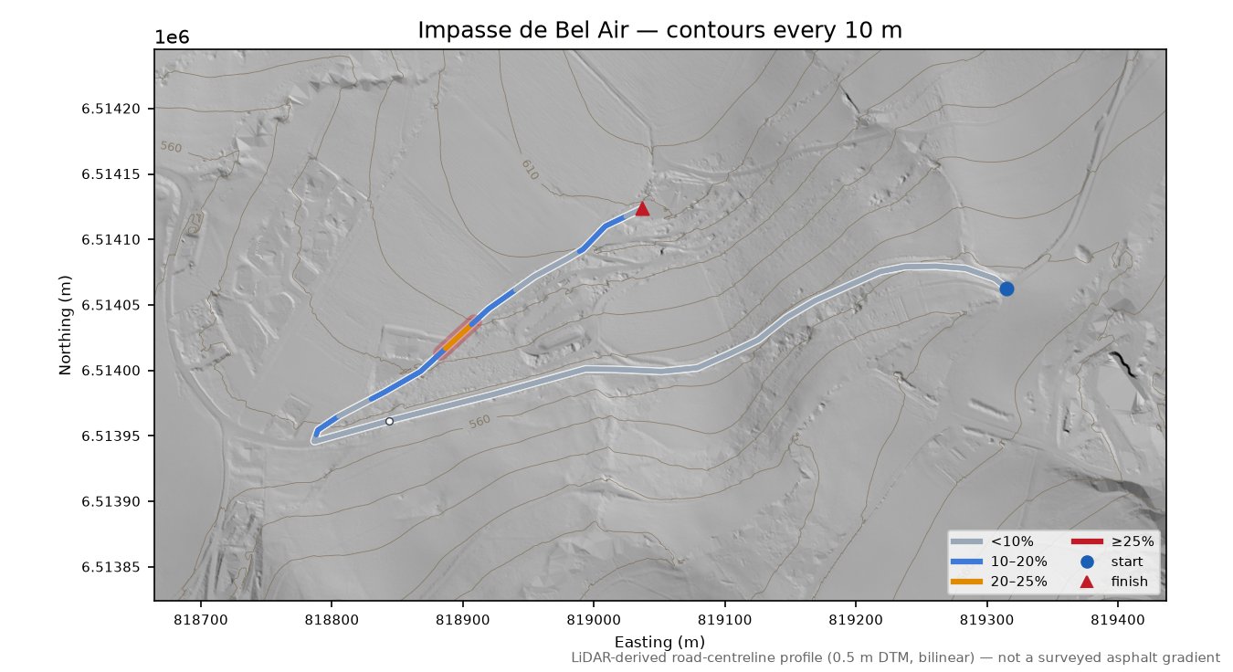 Impasse de Bel Air LiDAR hillshade map with contours