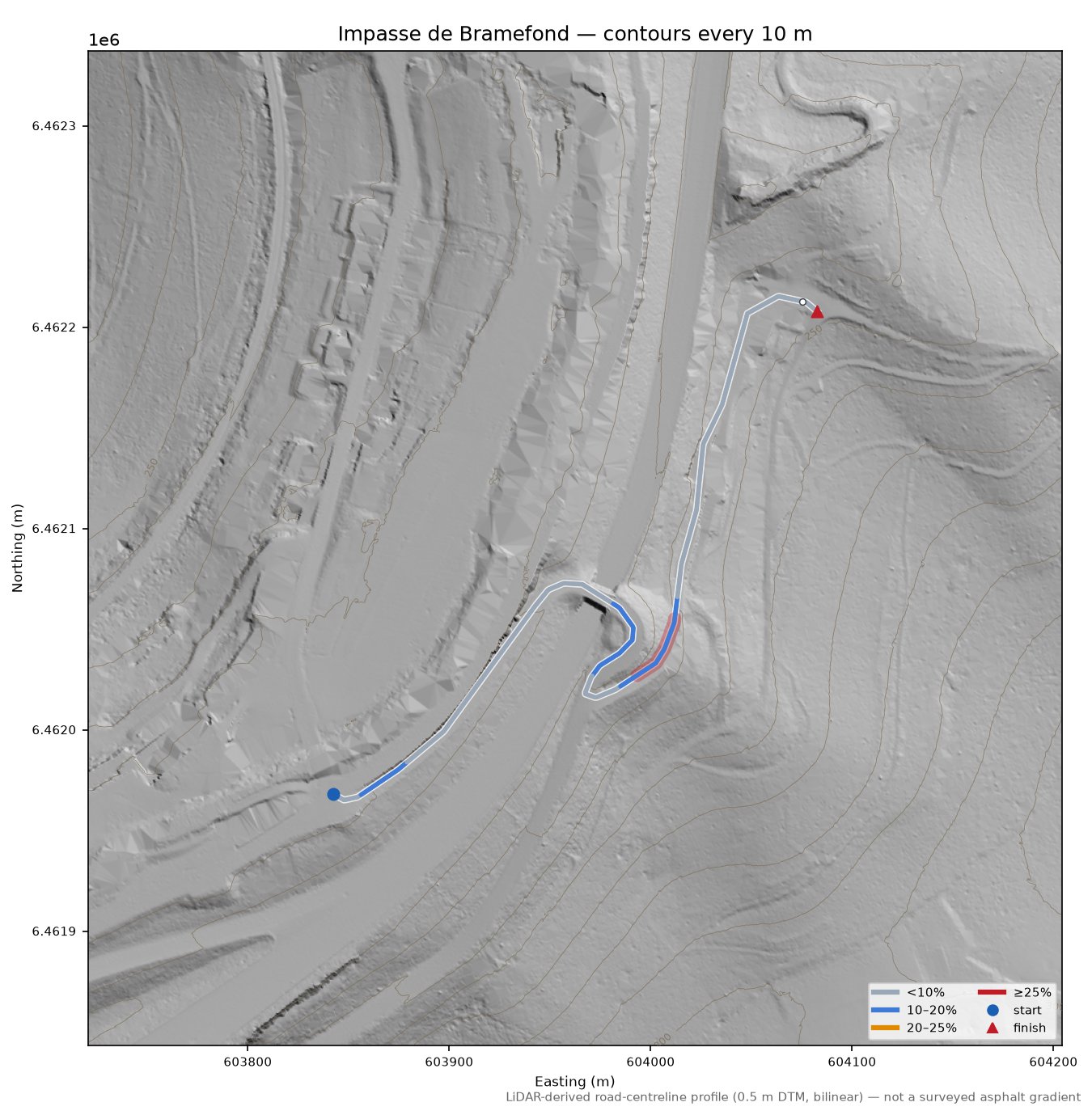 Impasse de Bramefond LiDAR hillshade map with contours