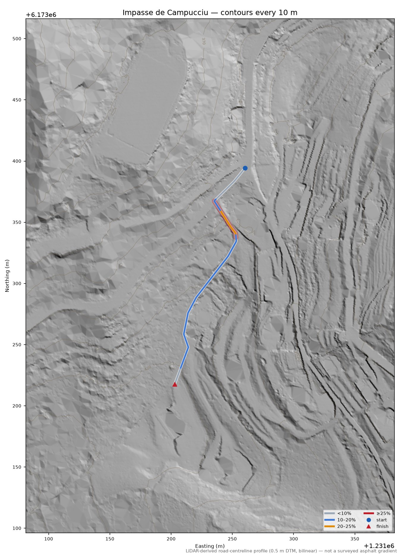 Impasse de Campucciu LiDAR hillshade map with contours