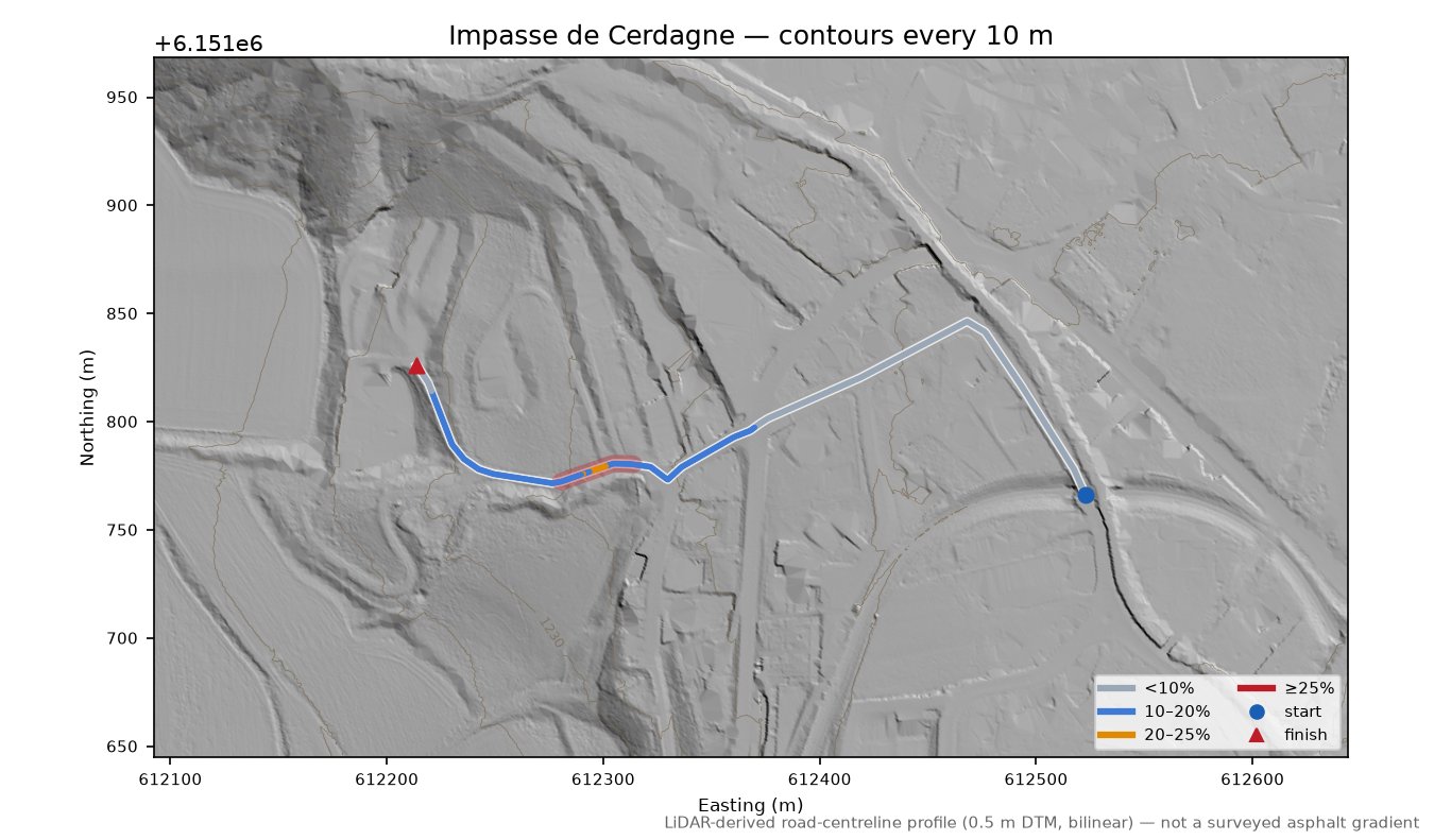 Impasse de Cerdagne LiDAR hillshade map with contours