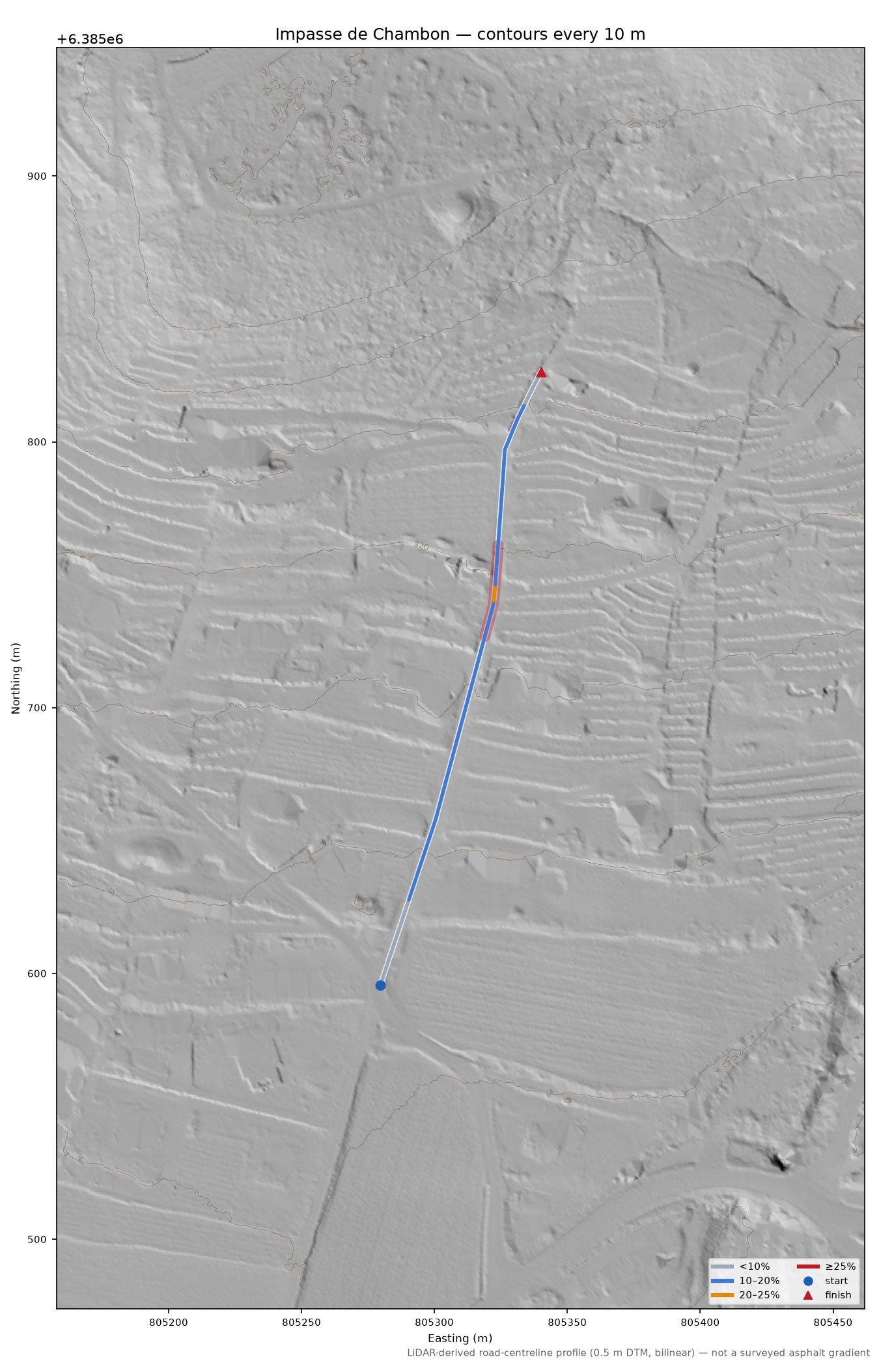 Impasse de Chambon LiDAR hillshade map with contours