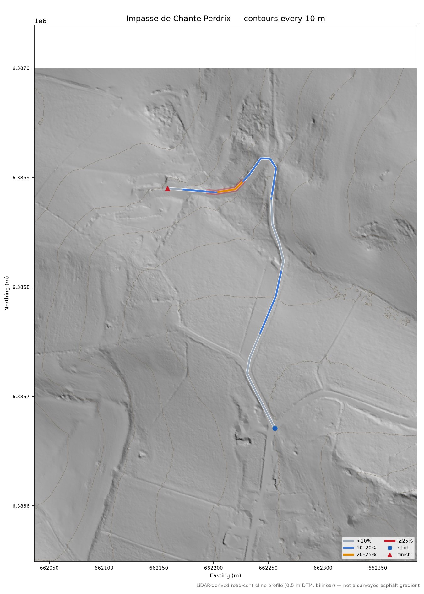 Impasse de Chante Perdrix LiDAR hillshade map with contours