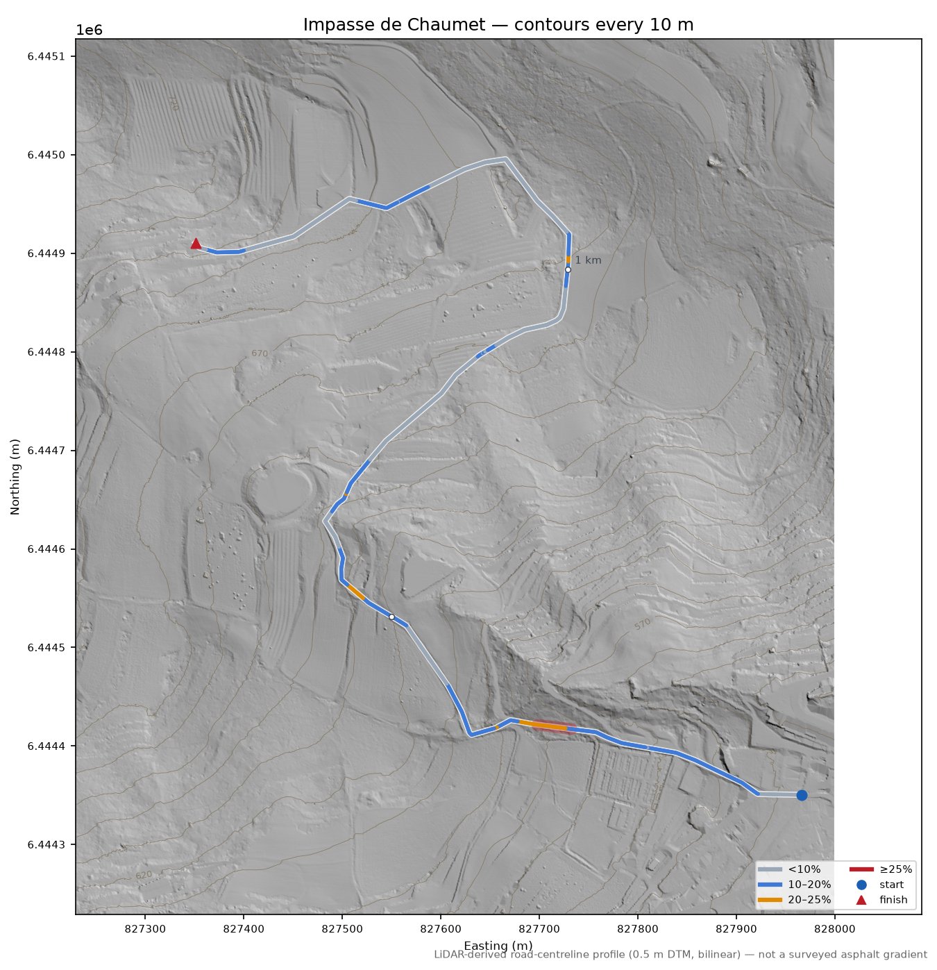 Impasse de Chaumet LiDAR hillshade map with contours