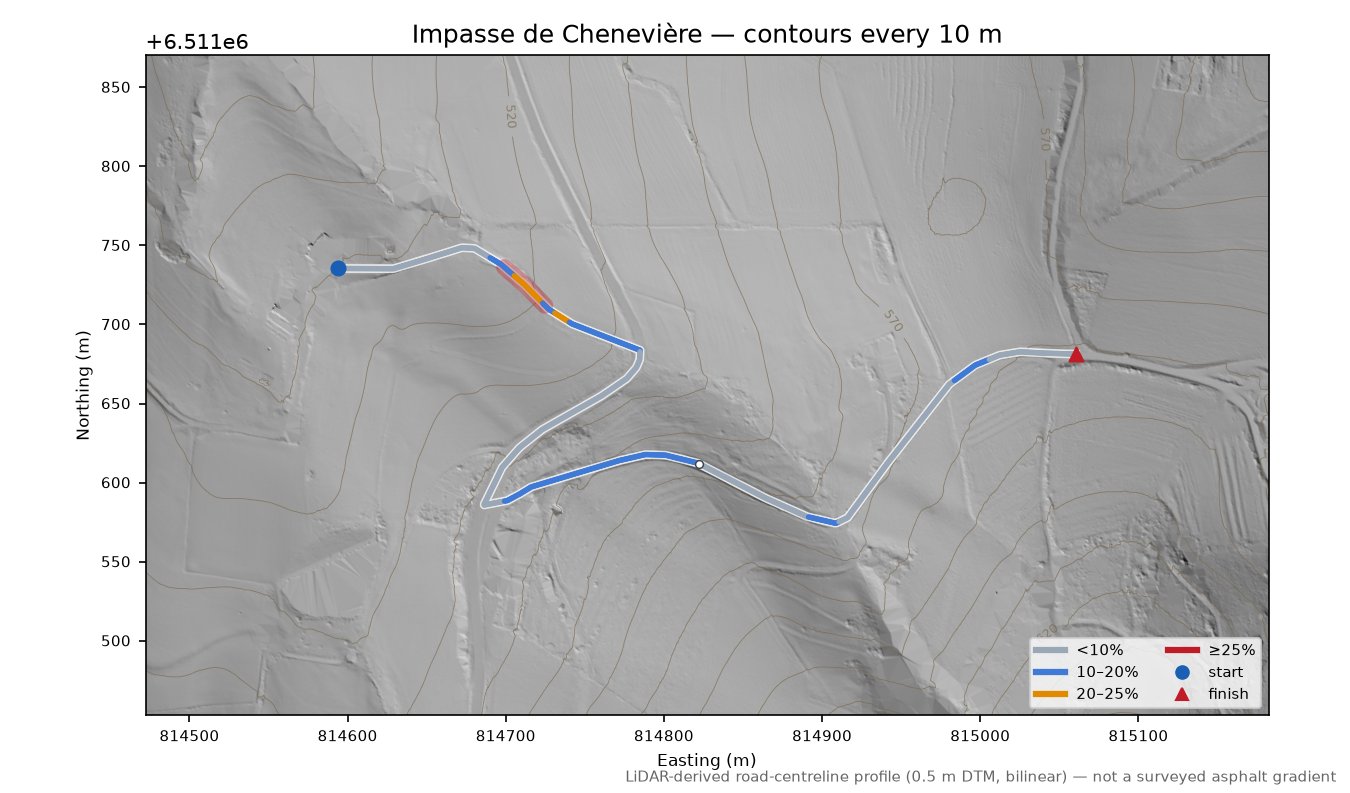 Impasse de Chenevière LiDAR hillshade map with contours