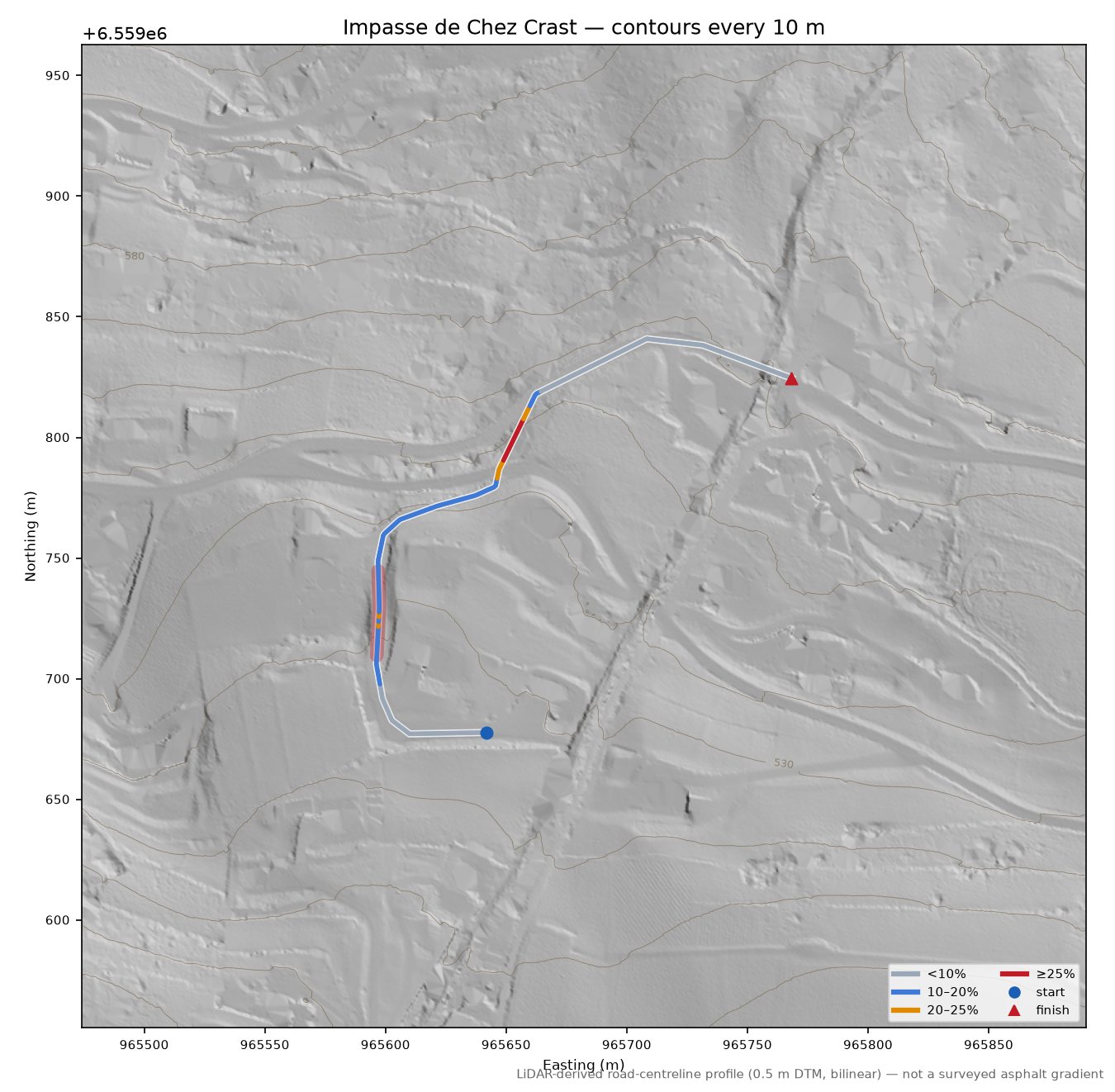 Impasse de Chez Crast LiDAR hillshade map with contours