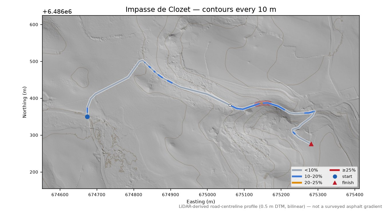 Impasse de Clozet LiDAR hillshade map with contours
