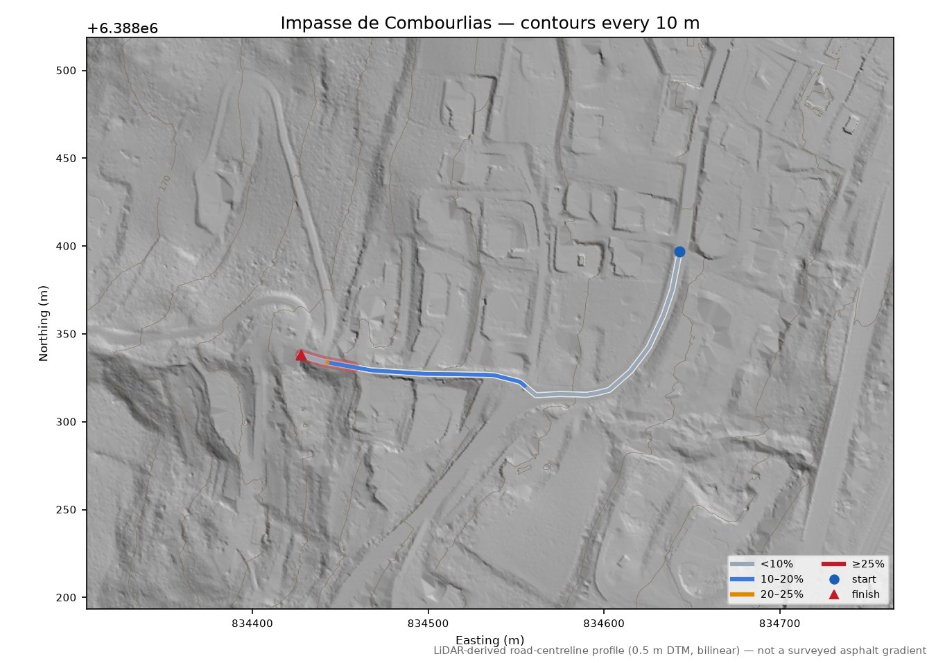 Impasse de Combourlias LiDAR hillshade map with contours
