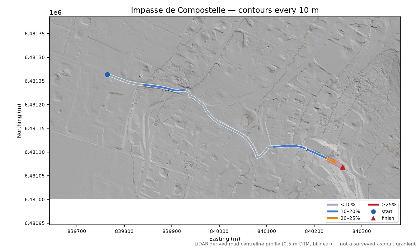 Impasse de Compostelle LiDAR hillshade map with contours