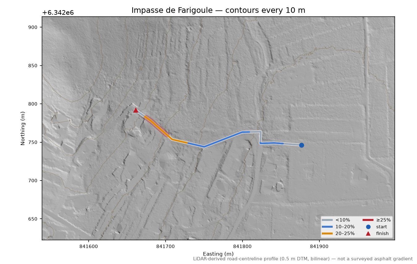 Impasse de Farigoule LiDAR hillshade map with contours