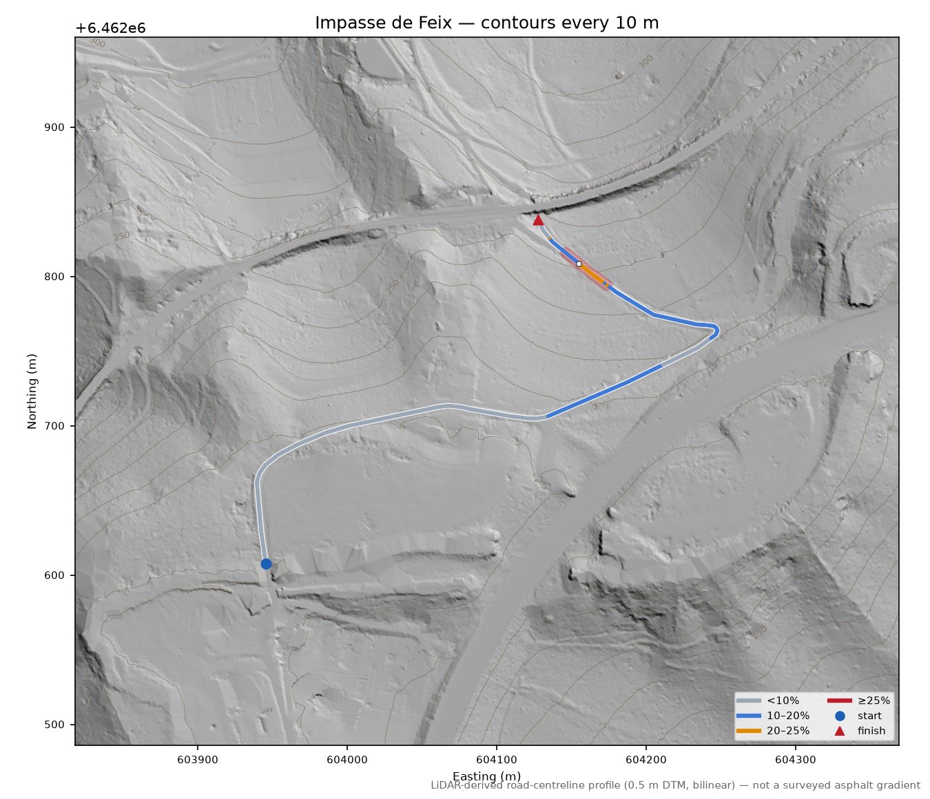 Impasse de Feix LiDAR hillshade map with contours