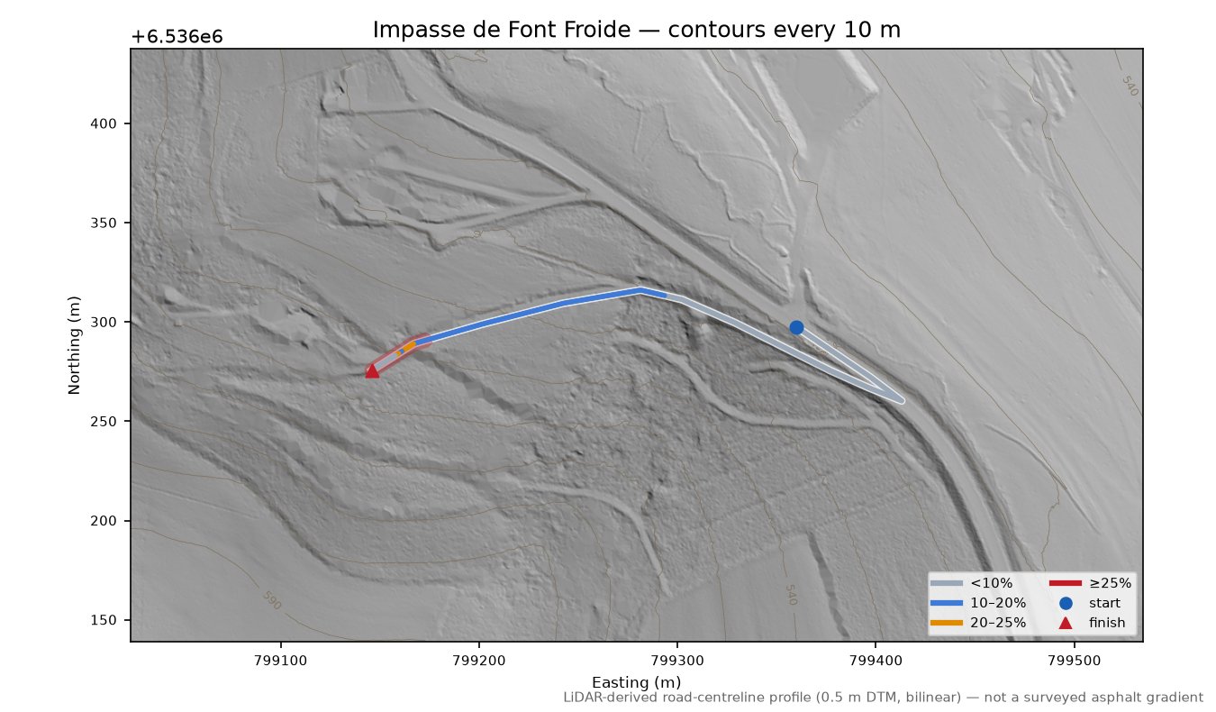 Impasse de Font Froide LiDAR hillshade map with contours