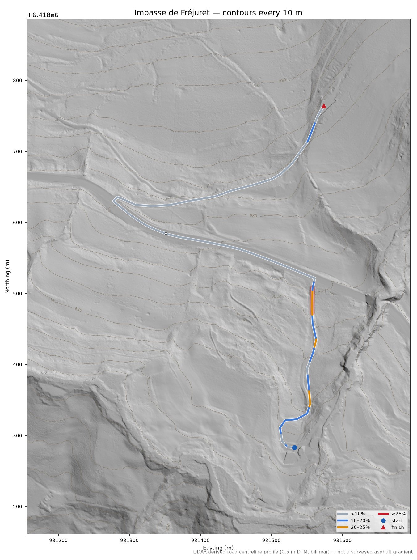 Impasse de Fréjuret LiDAR hillshade map with contours
