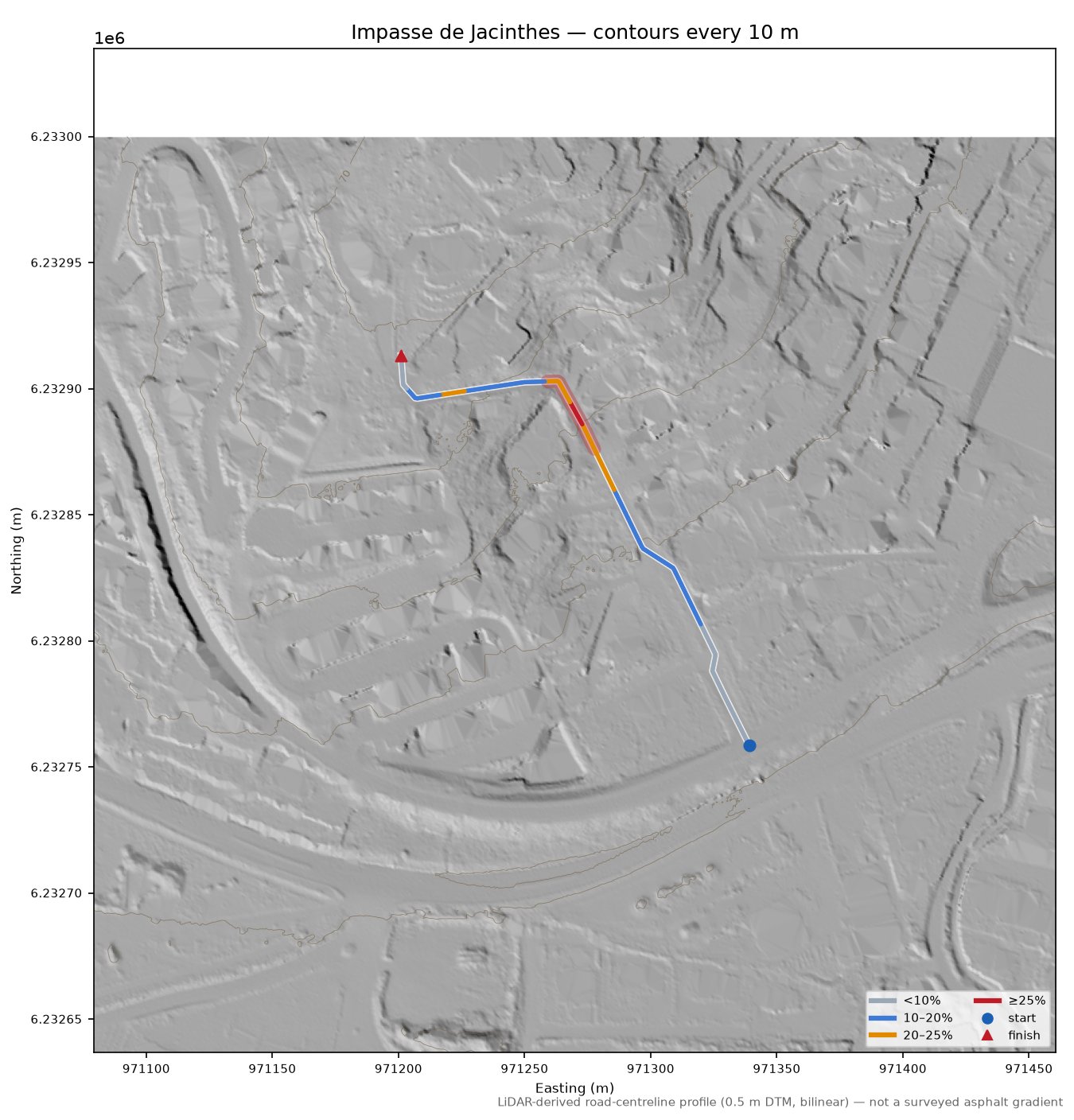 Impasse de Jacinthes LiDAR hillshade map with contours