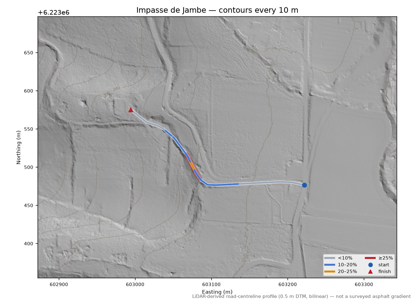 Impasse de Jambe LiDAR hillshade map with contours