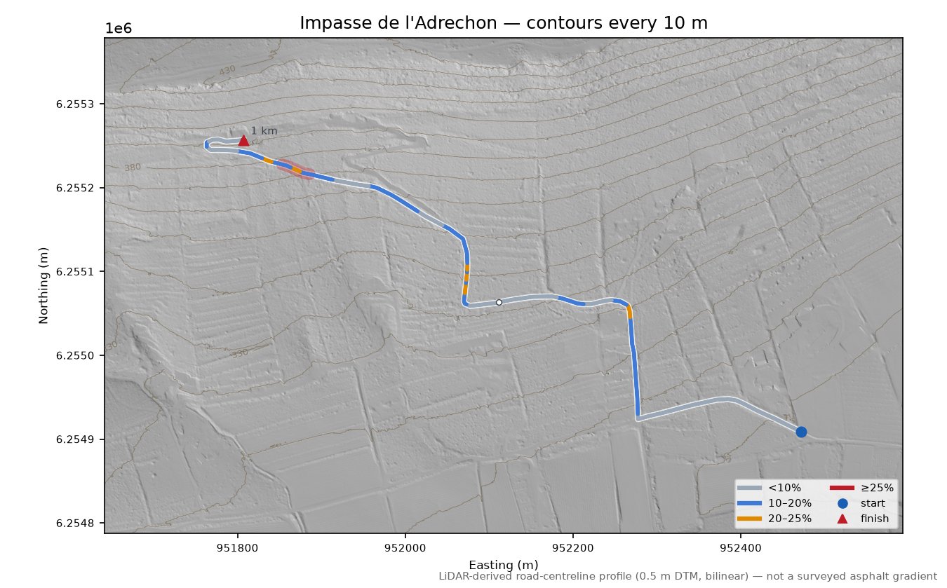 Impasse de l'Adrechon LiDAR hillshade map with contours