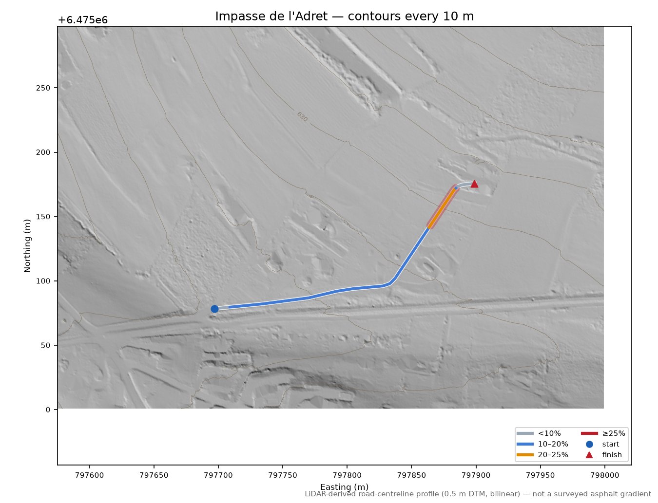 Impasse de l'Adret LiDAR hillshade map with contours