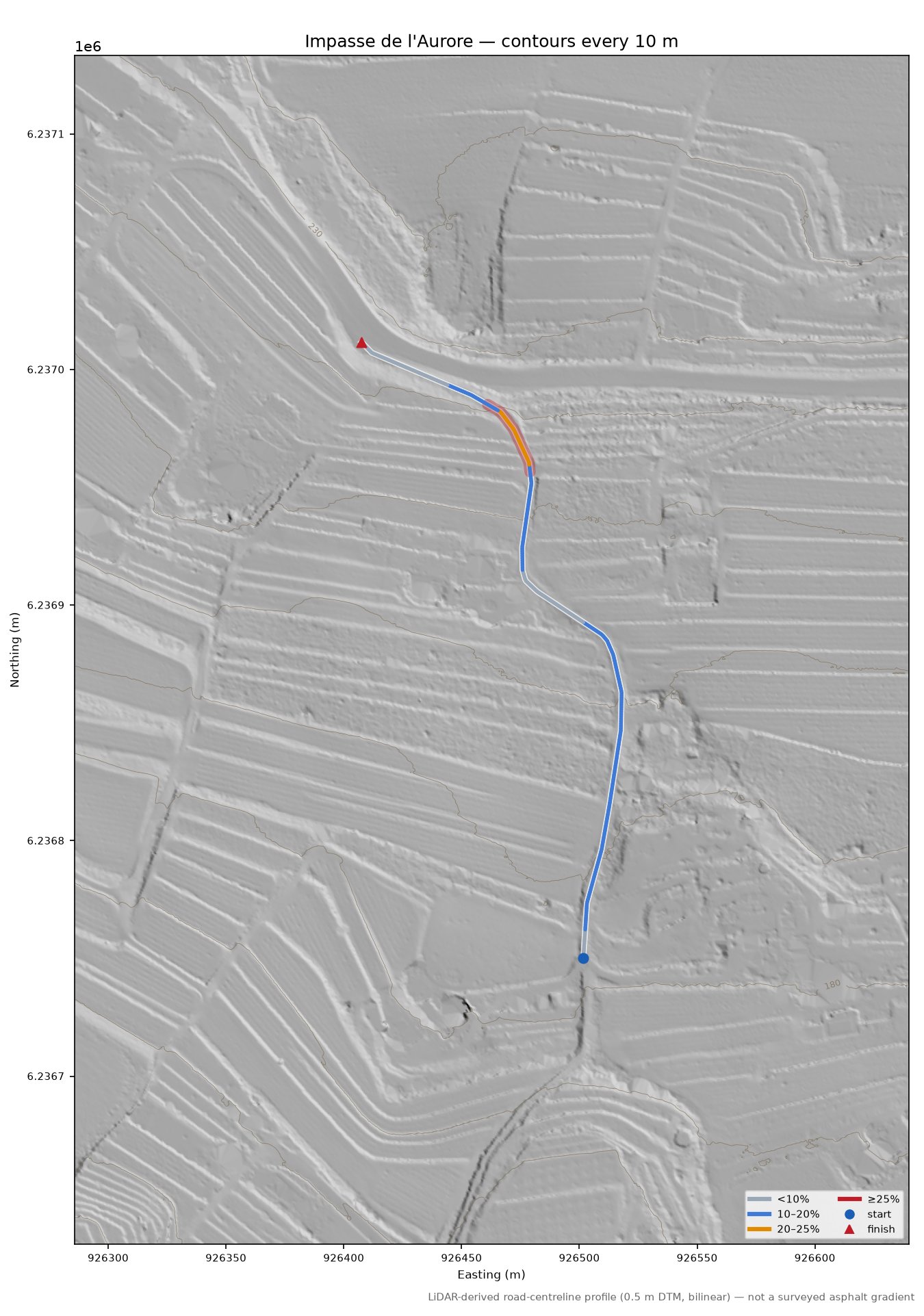 Impasse de l'Aurore LiDAR hillshade map with contours