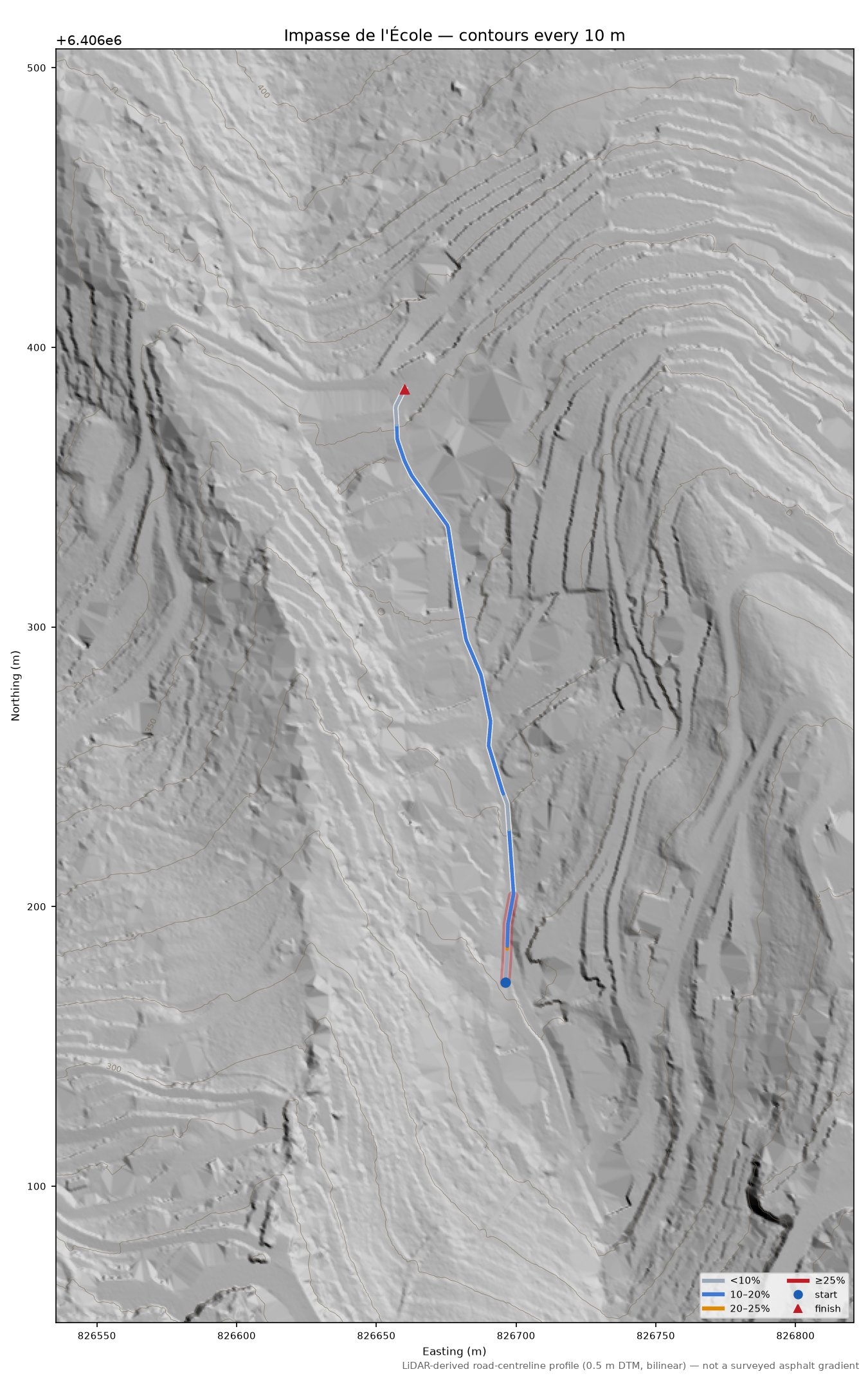 Impasse de l'École LiDAR hillshade map with contours