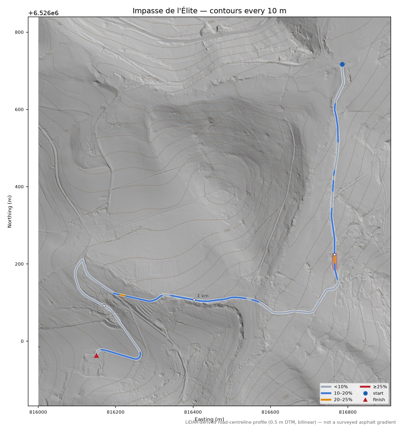 Impasse de l'Élite LiDAR hillshade map with contours