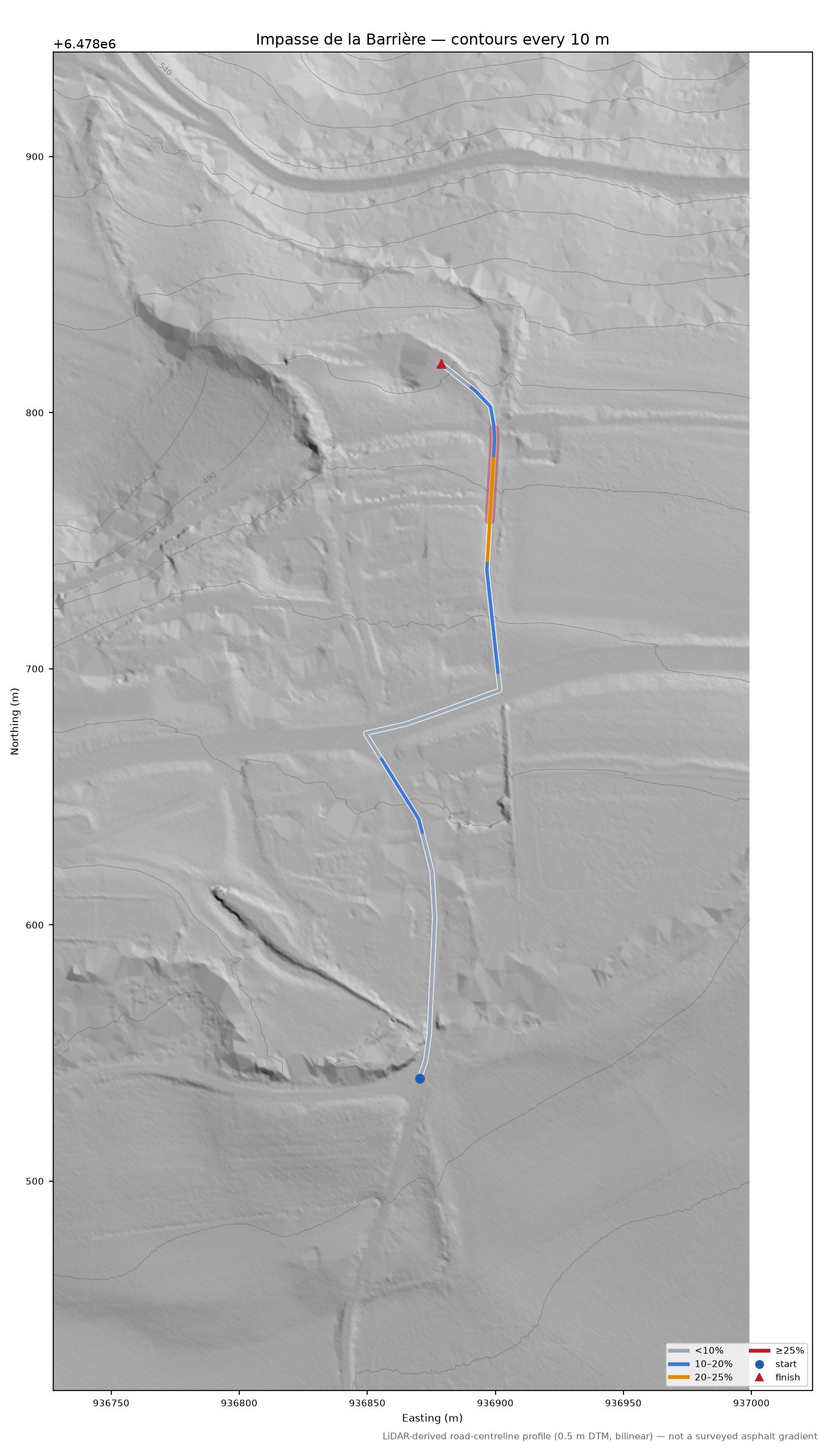 Impasse de la Barrière LiDAR hillshade map with contours