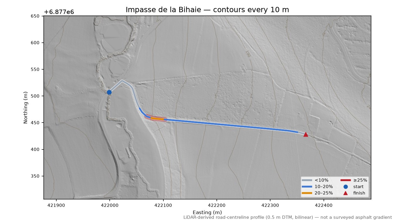 Impasse de la Bihaie LiDAR hillshade map with contours