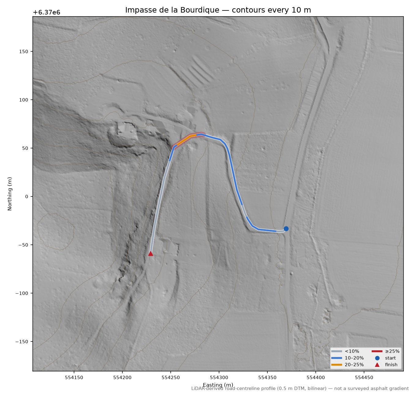 Impasse de la Bourdique LiDAR hillshade map with contours