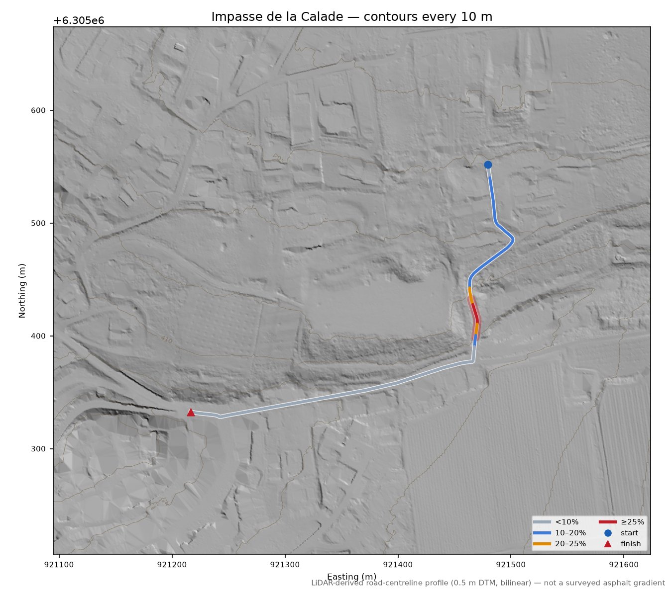 Impasse de la Calade LiDAR hillshade map with contours