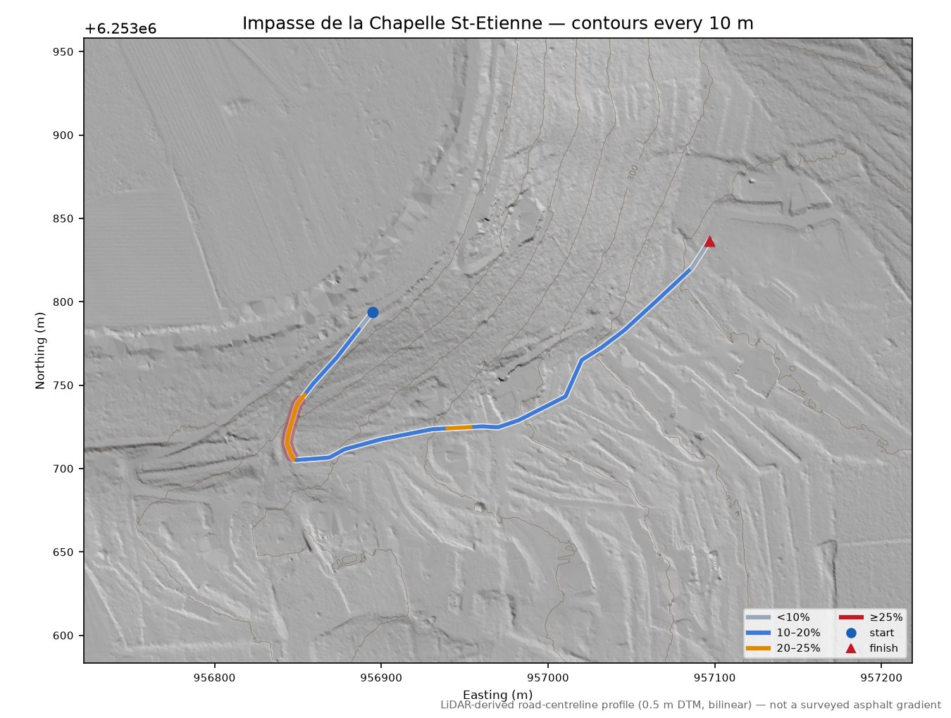 Impasse de la Chapelle St-Etienne LiDAR hillshade map with contours