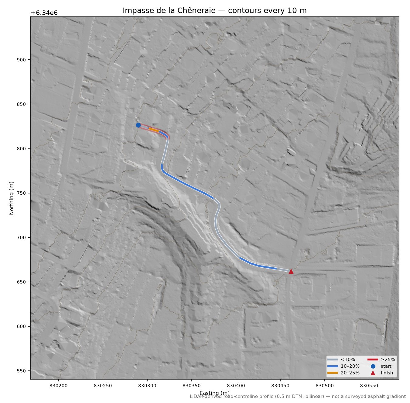 Impasse de la Chêneraie LiDAR hillshade map with contours