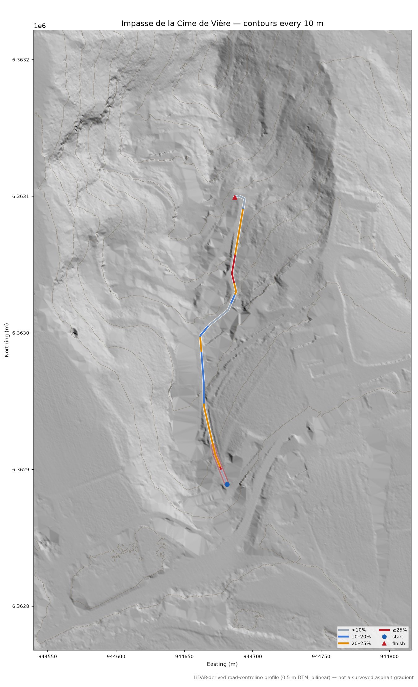 Impasse de la Cime de Vière LiDAR hillshade map with contours