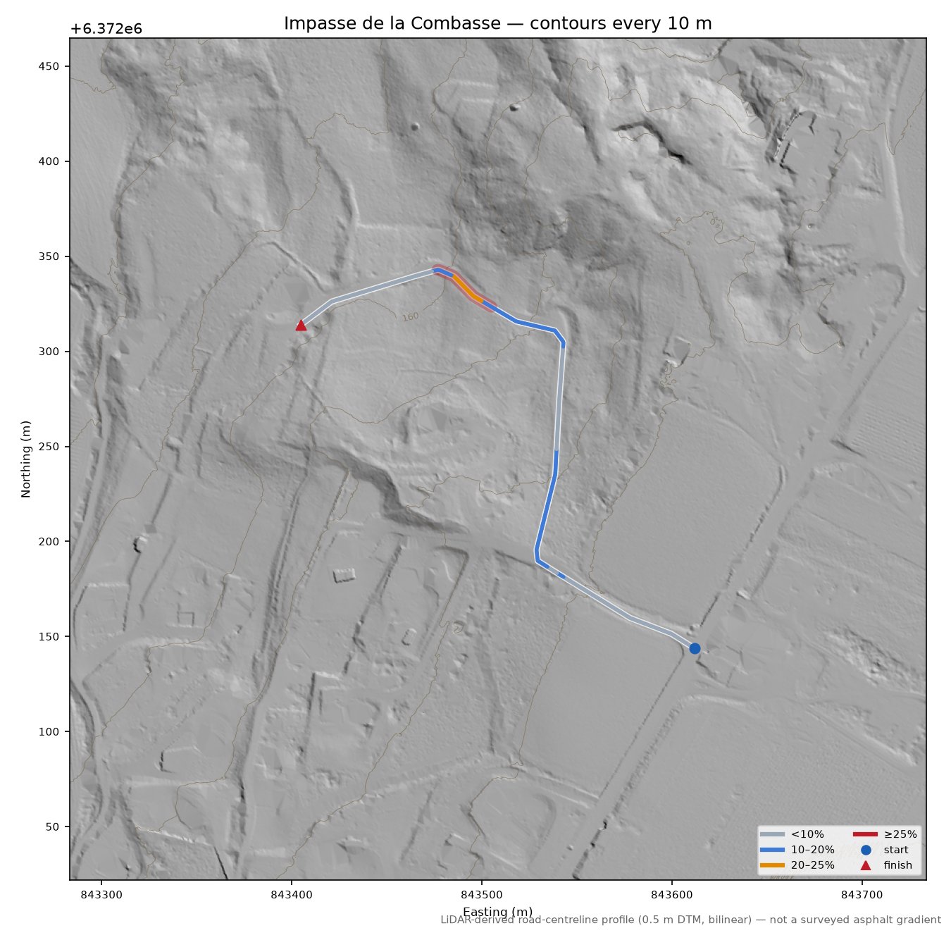 Impasse de la Combasse LiDAR hillshade map with contours