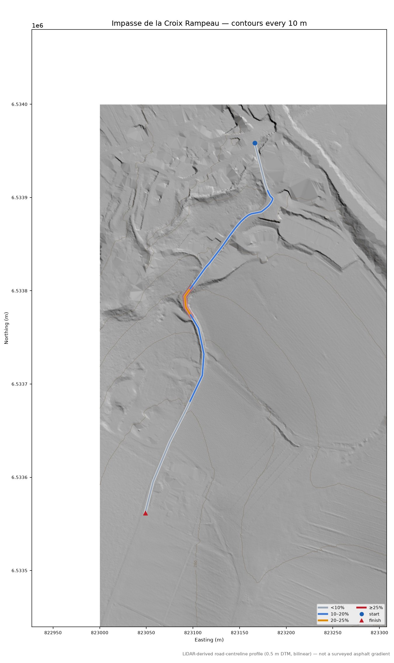 Impasse de la Croix Rampeau LiDAR hillshade map with contours