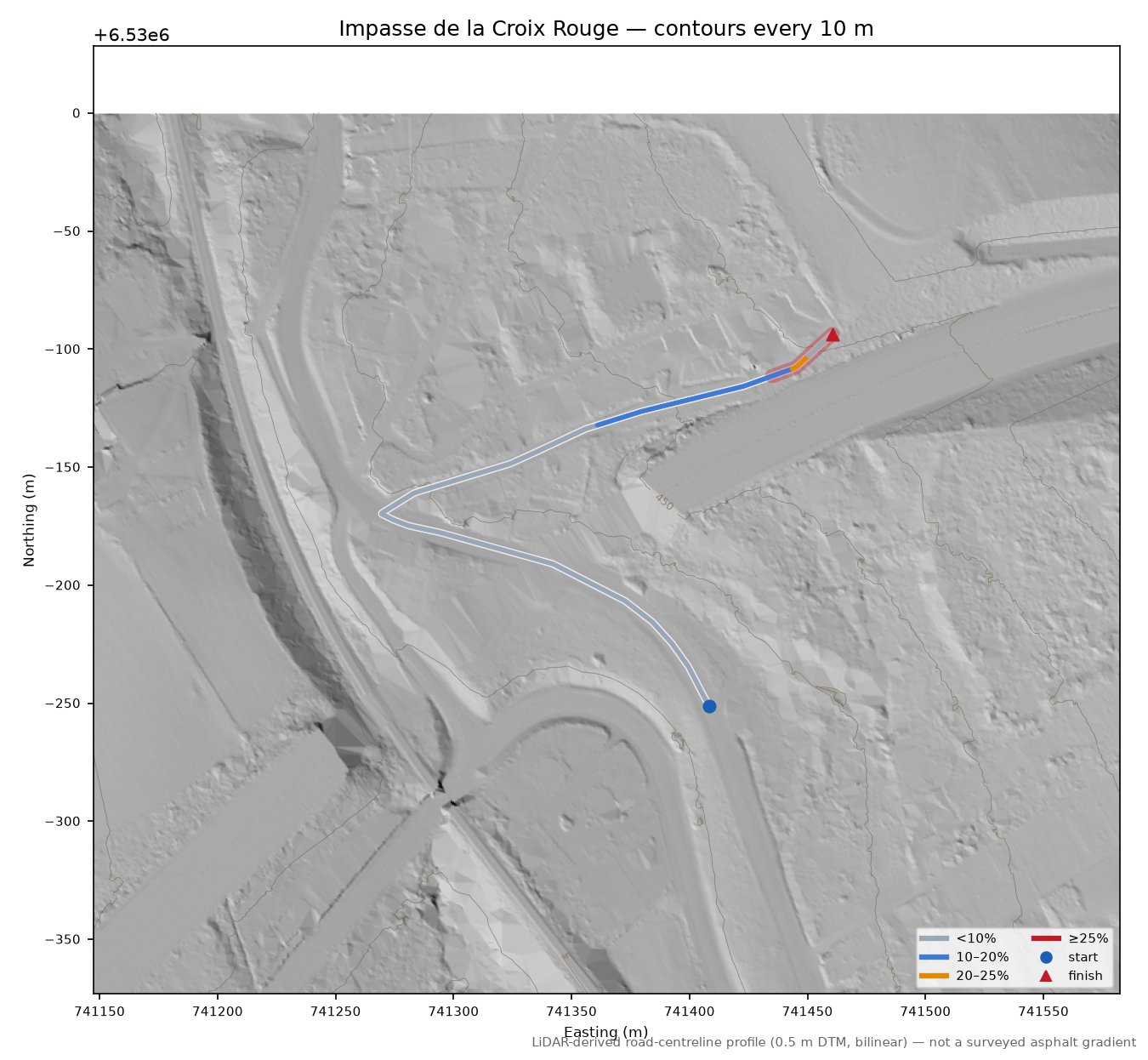 Impasse de la Croix Rouge LiDAR hillshade map with contours