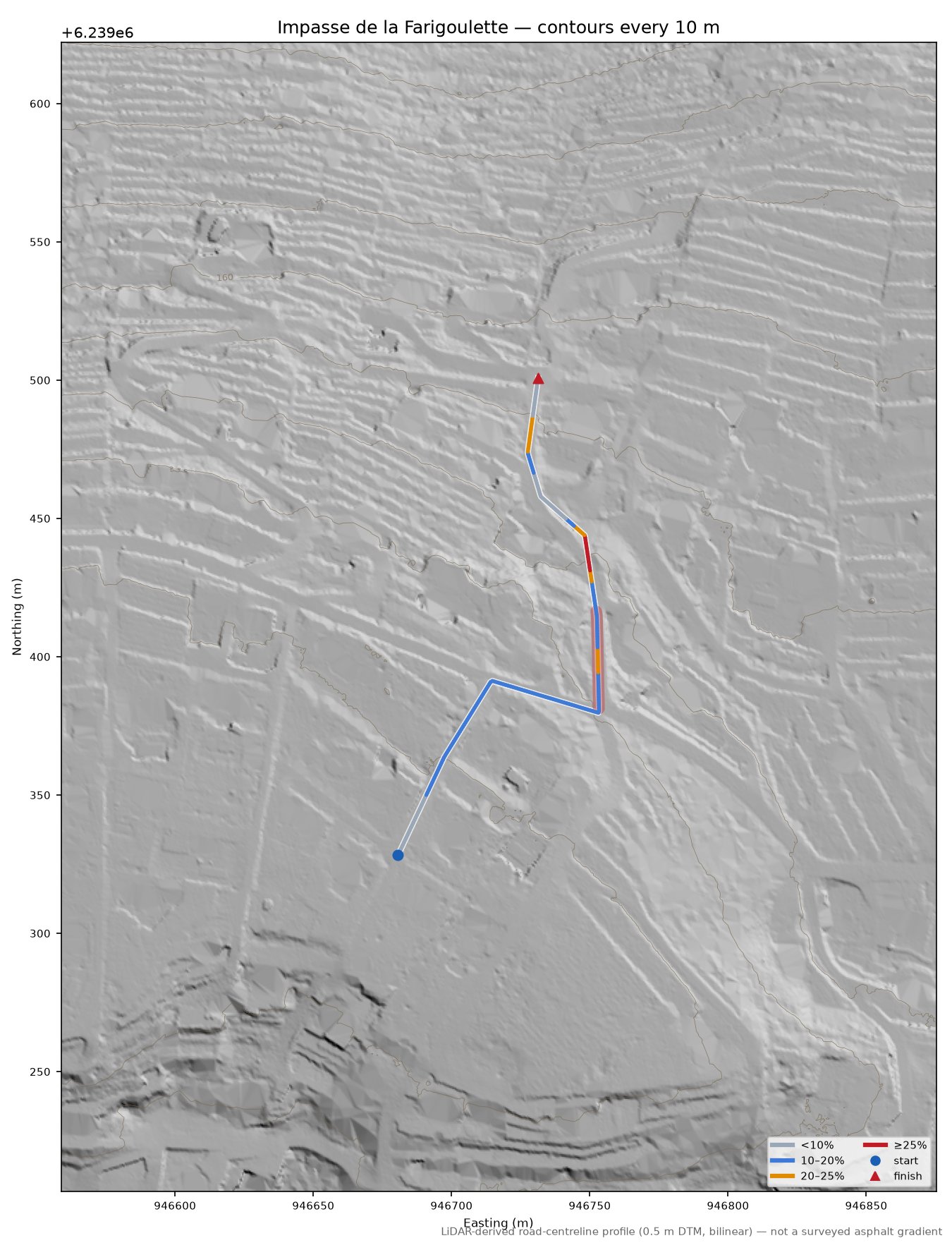 Impasse de la Farigoulette LiDAR hillshade map with contours