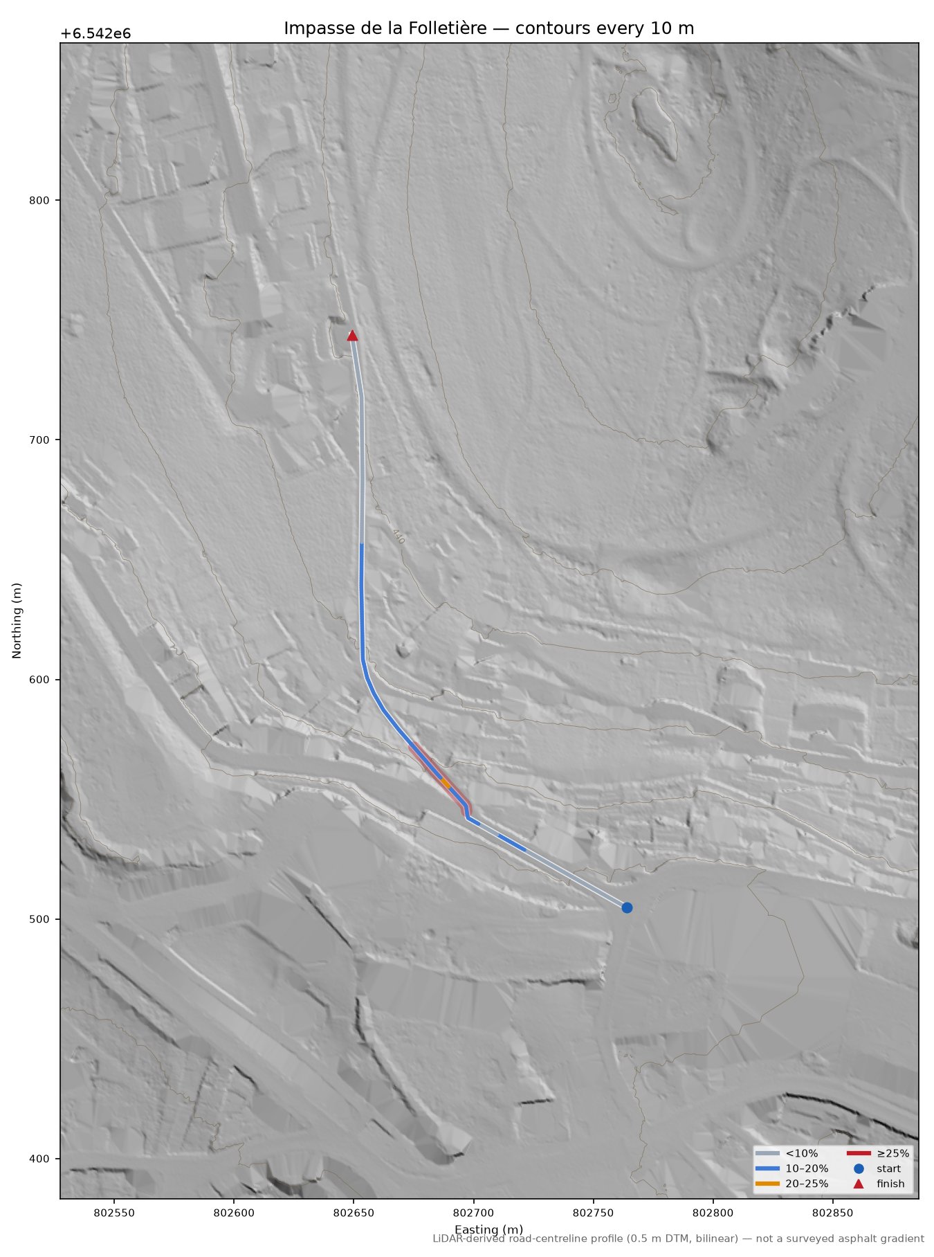 Impasse de la Folletière LiDAR hillshade map with contours