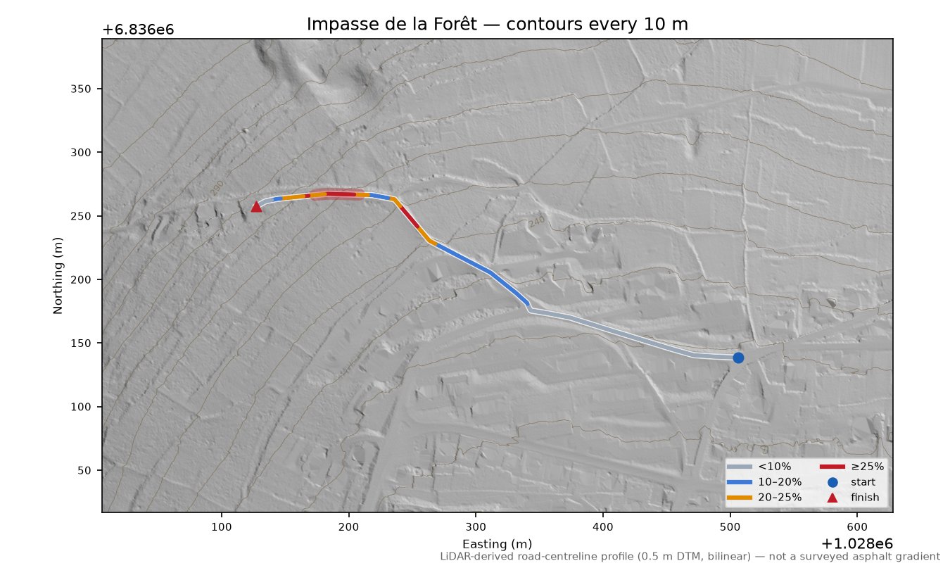 Impasse de la Forêt LiDAR hillshade map with contours