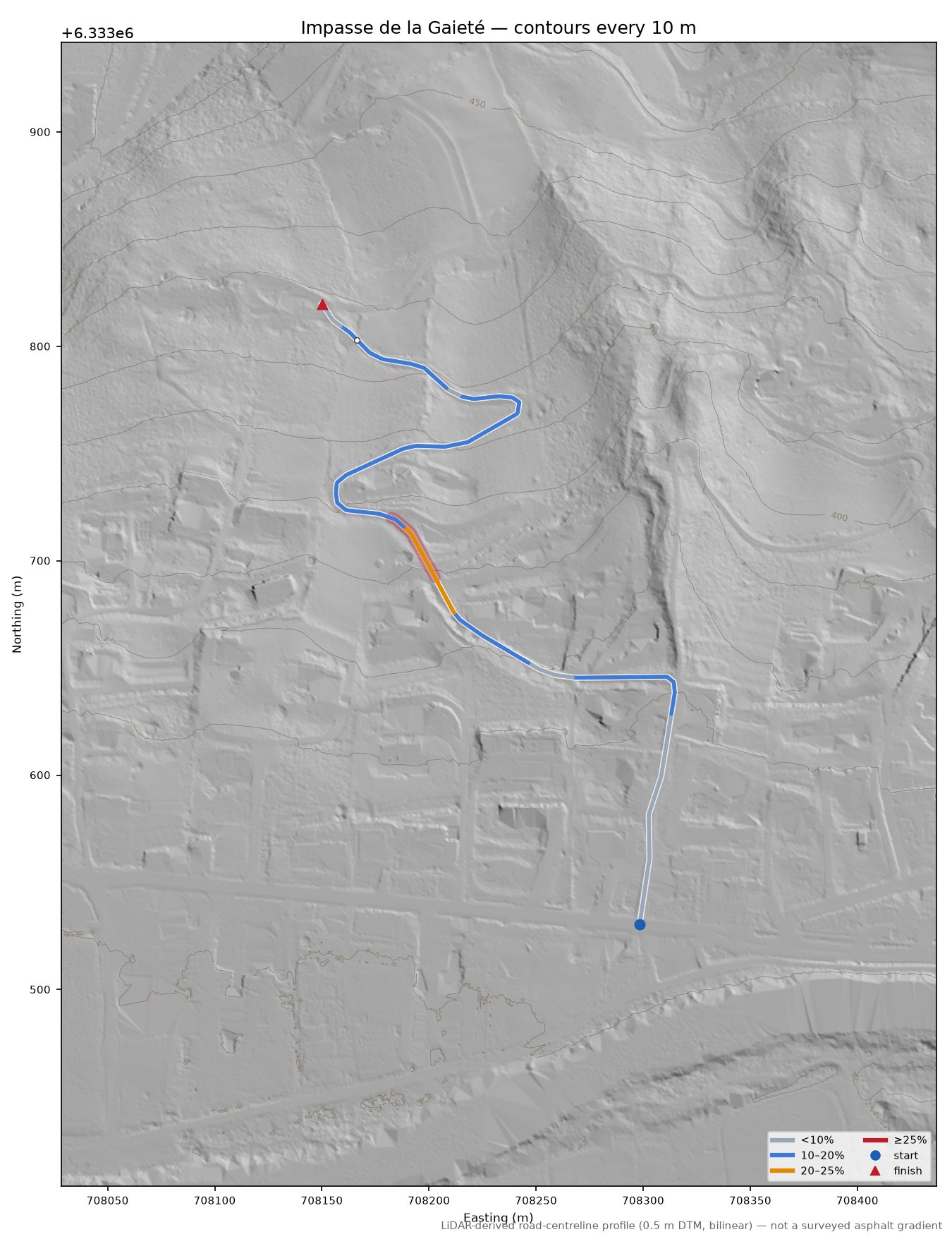 Impasse de la Gaieté LiDAR hillshade map with contours