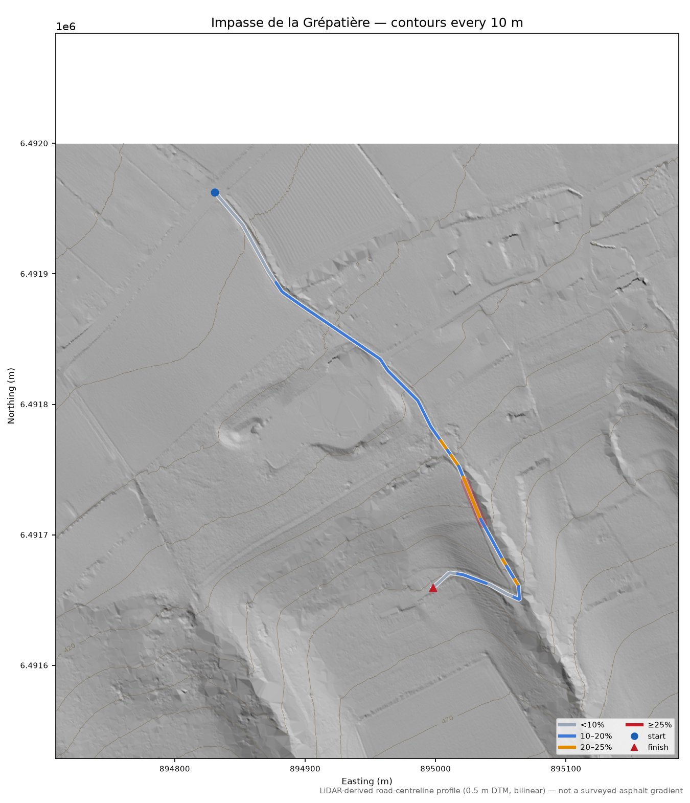 Impasse de la Grépatière LiDAR hillshade map with contours