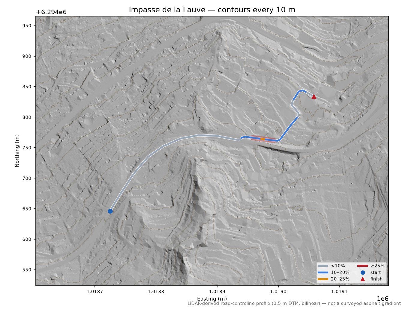 Impasse de la Lauve LiDAR hillshade map with contours