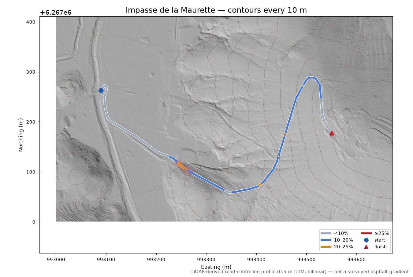 Impasse de la Maurette LiDAR hillshade map with contours