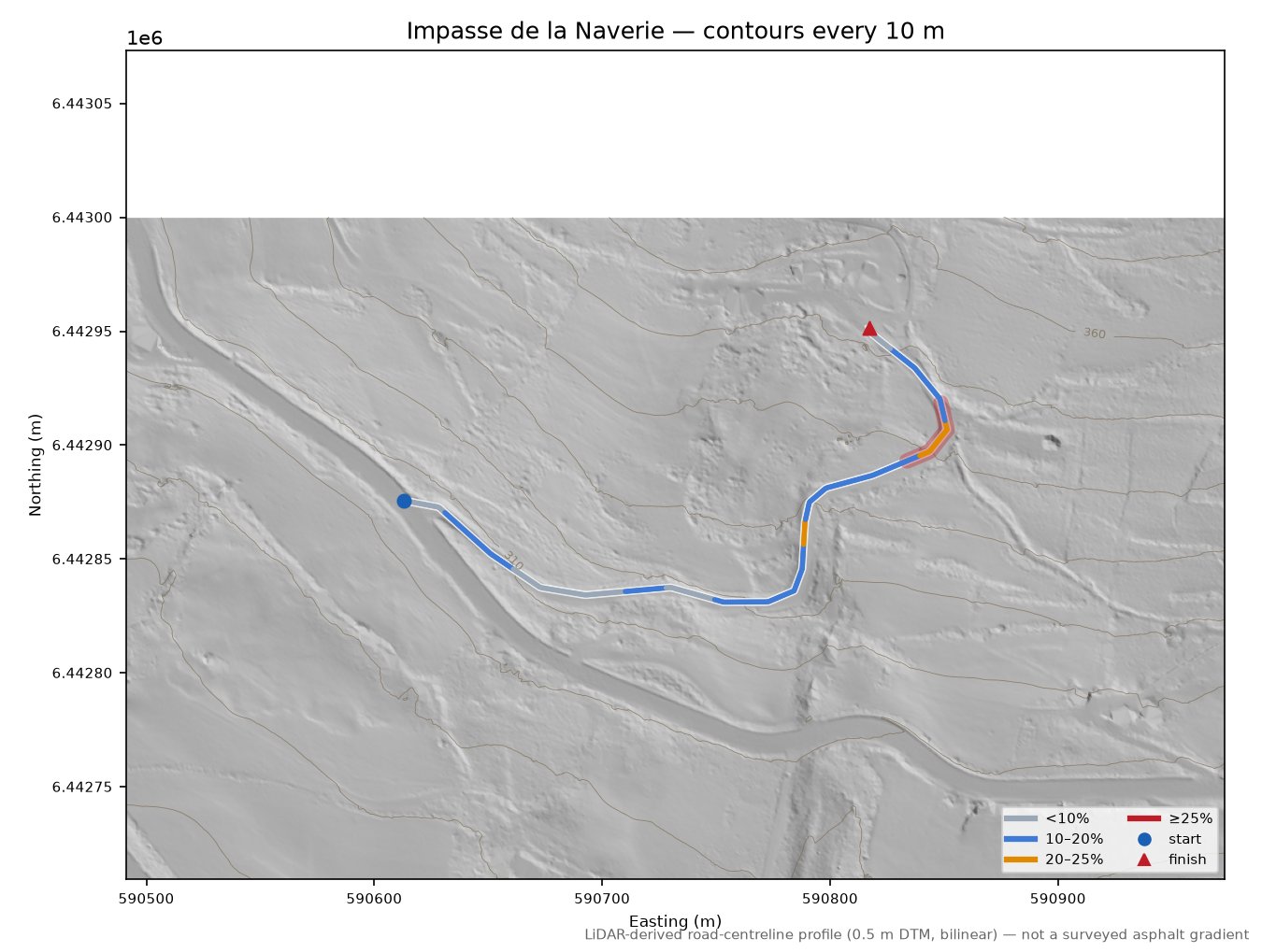 Impasse de la Naverie LiDAR hillshade map with contours