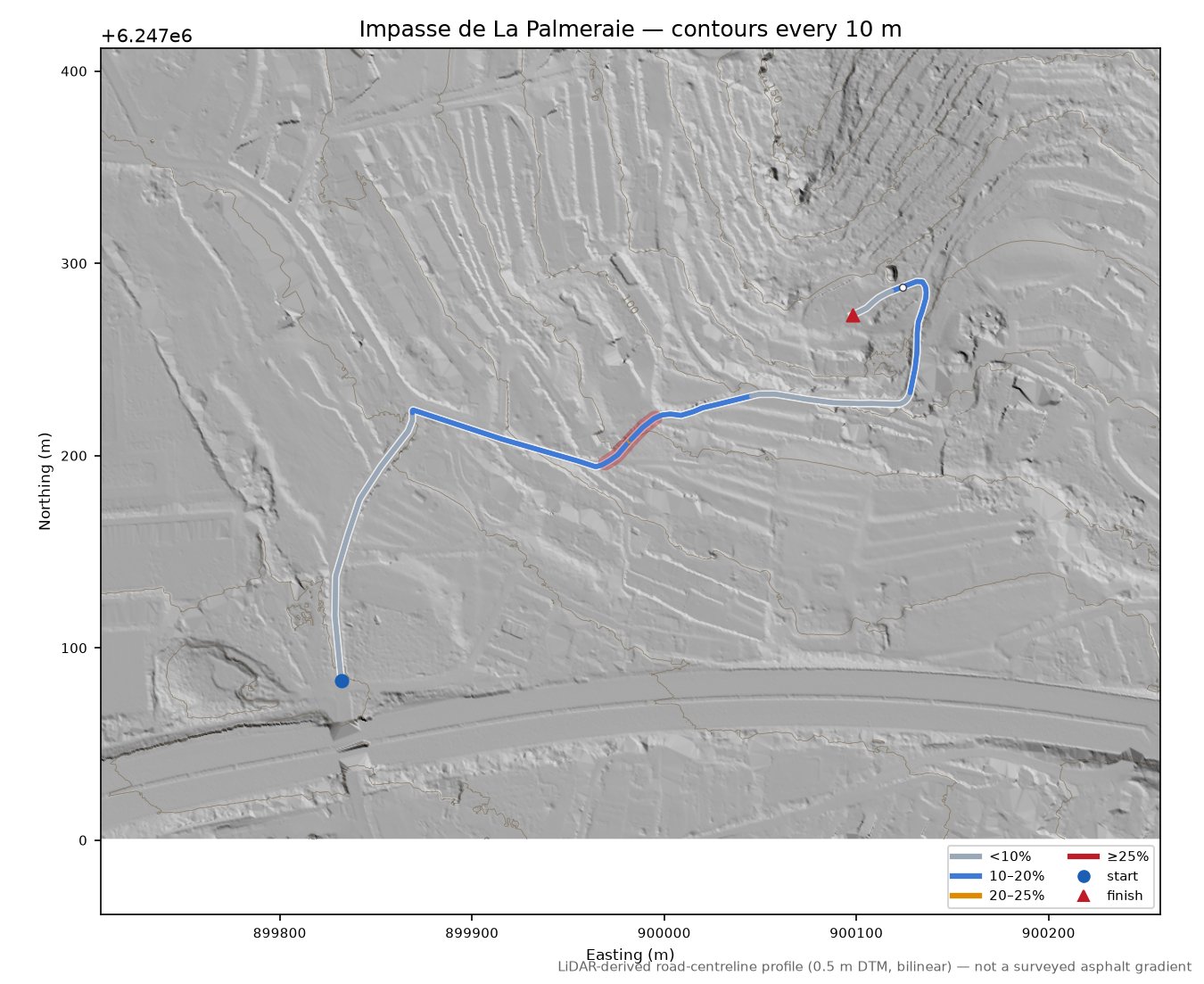 Impasse de La Palmeraie LiDAR hillshade map with contours