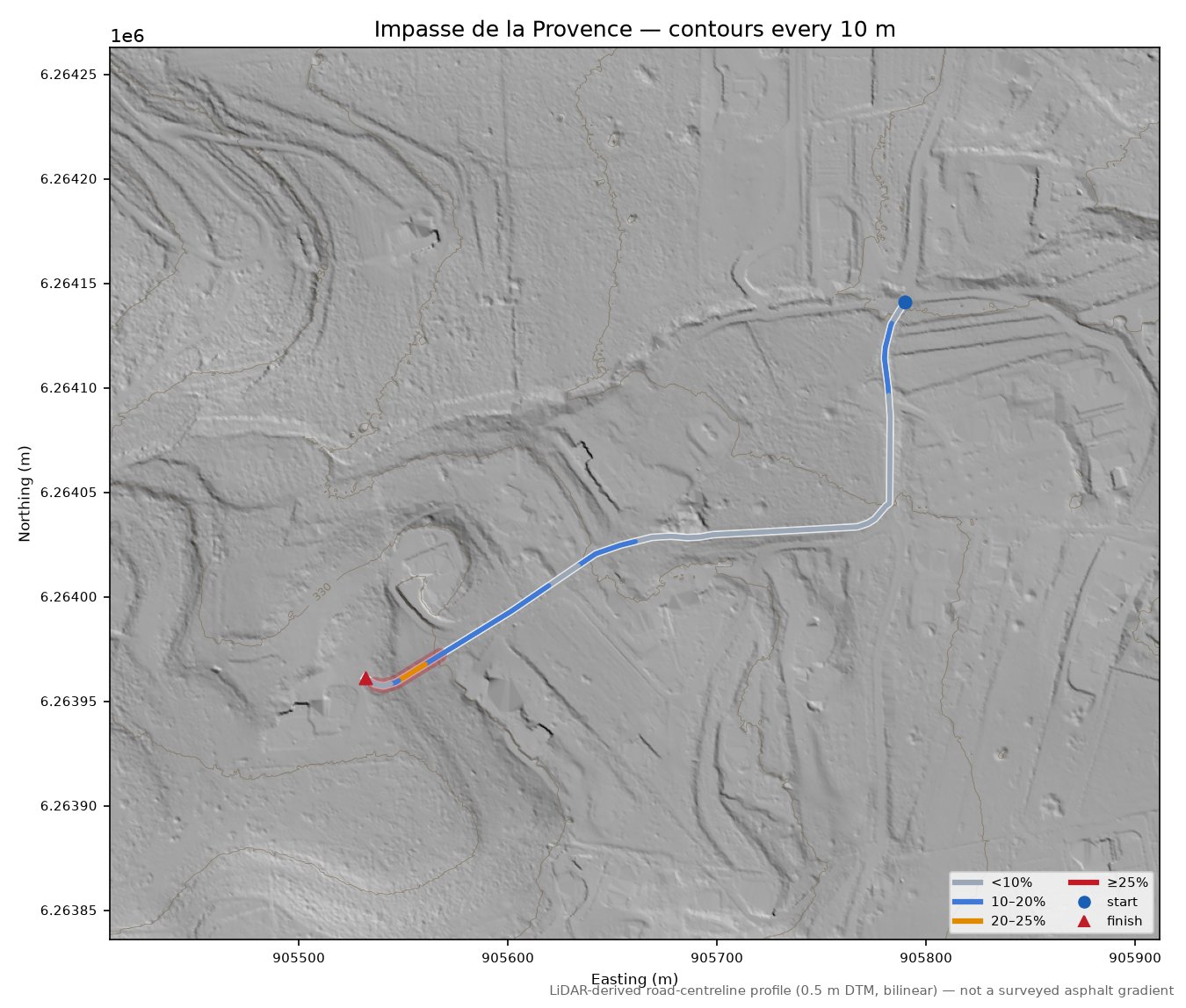 Impasse de la Provence LiDAR hillshade map with contours