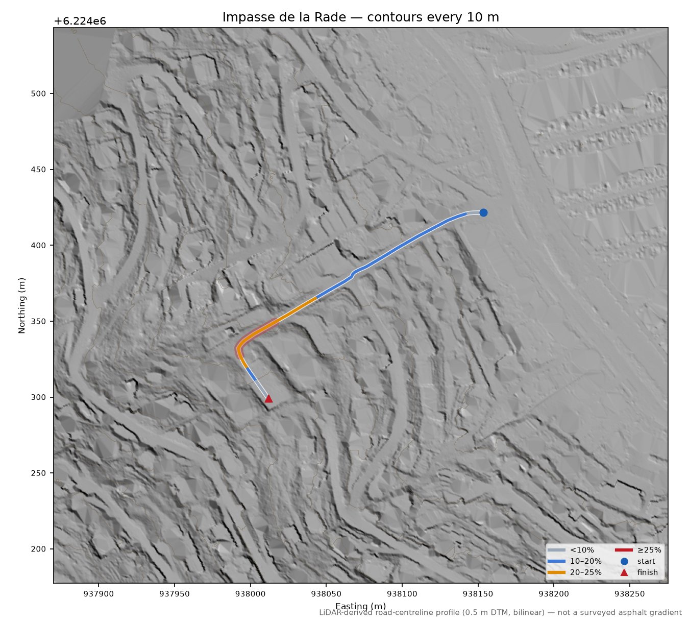 Impasse de la Rade LiDAR hillshade map with contours