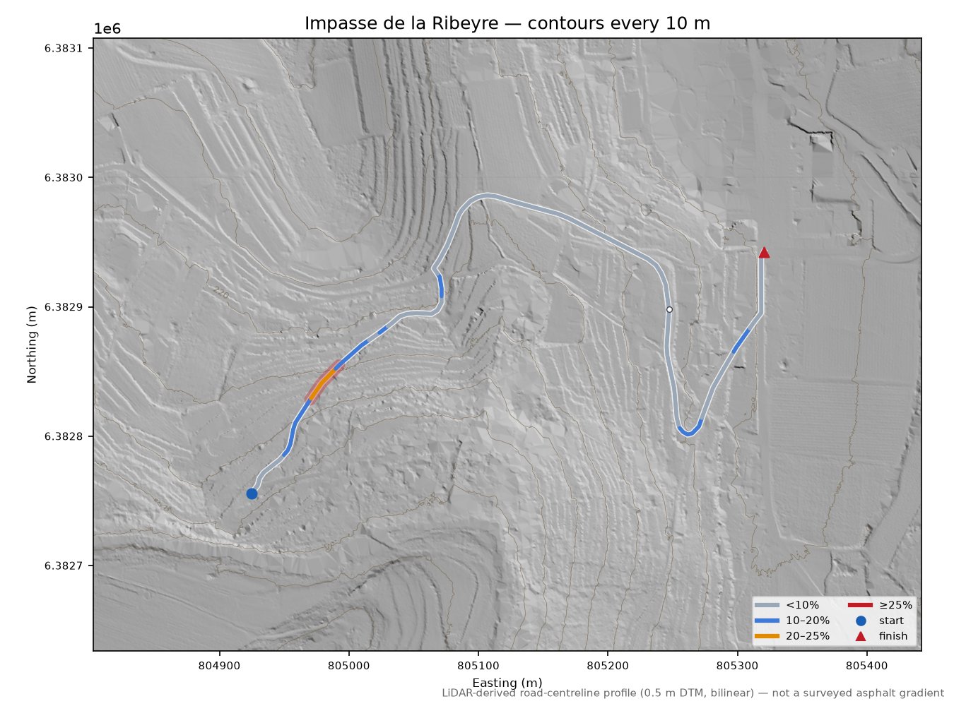 Impasse de la Ribeyre LiDAR hillshade map with contours