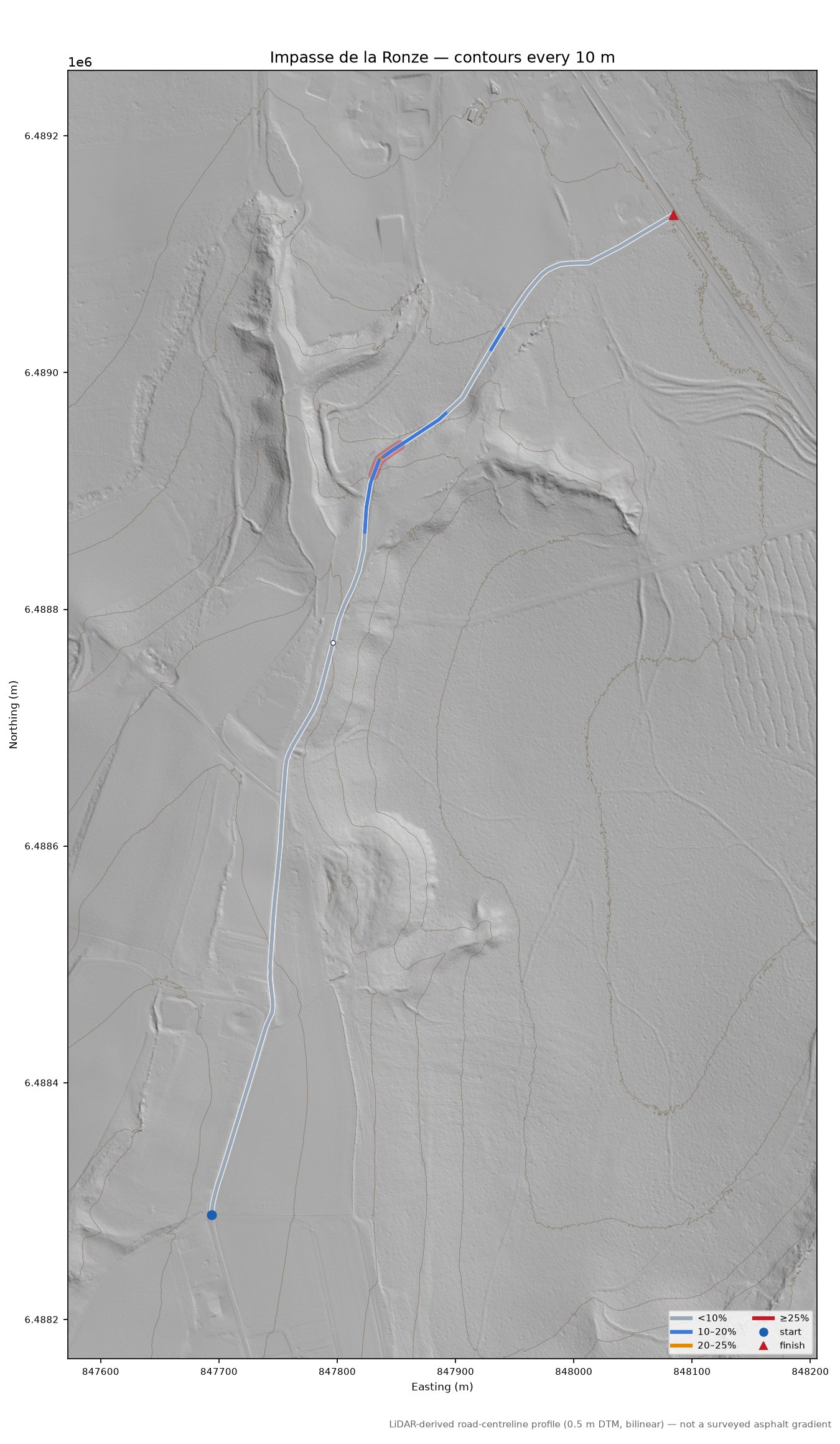 Impasse de la Ronze LiDAR hillshade map with contours