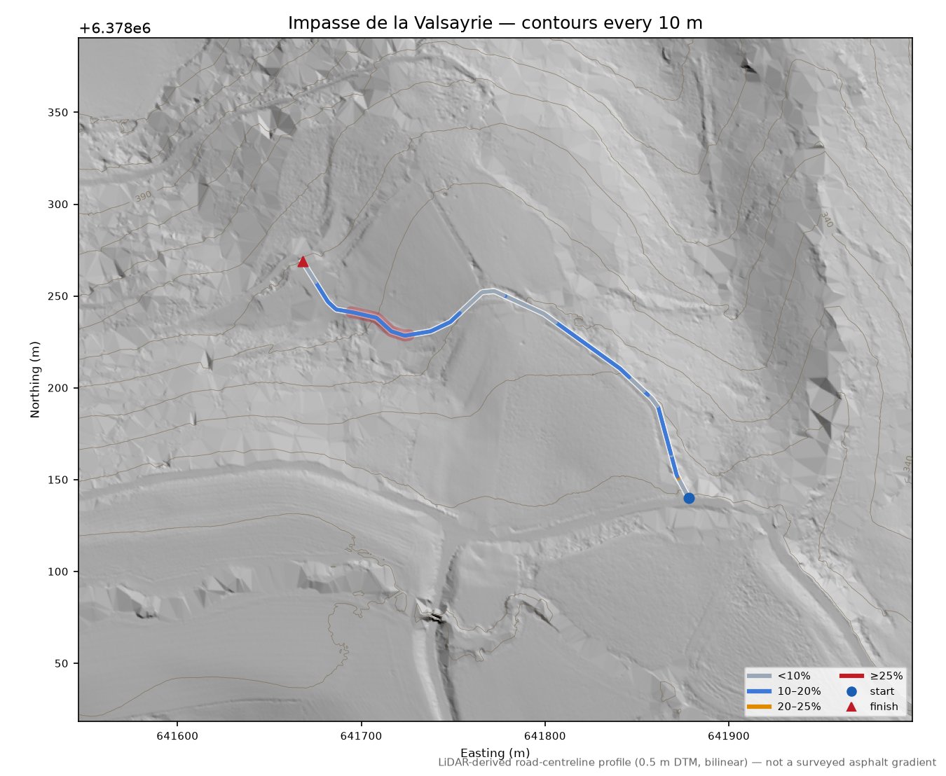 Impasse de la Valsayrie LiDAR hillshade map with contours
